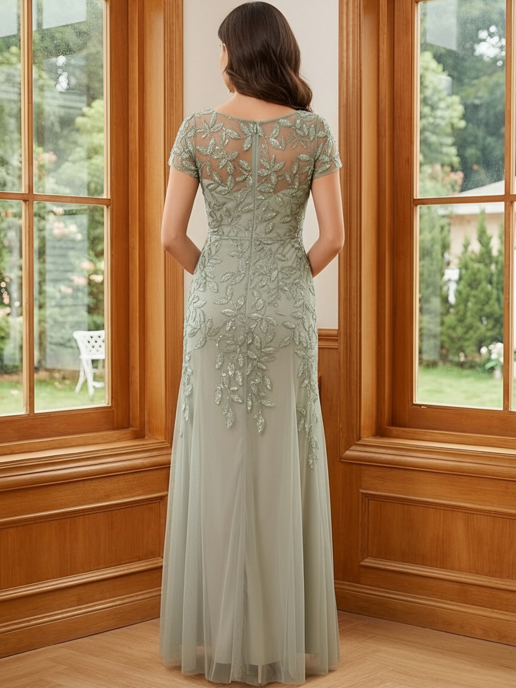 Glitter Sequin Round Neck Mother of the Bride Dresses with Sleeves