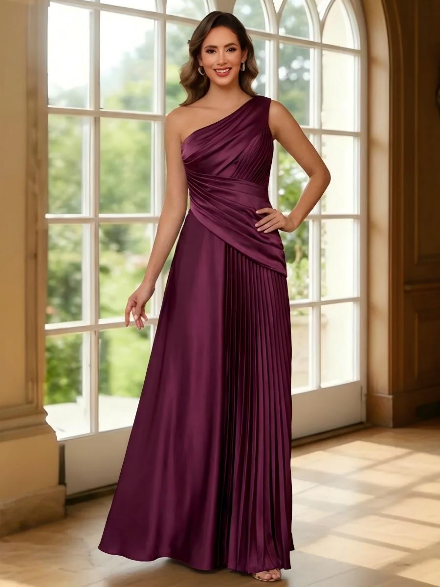 One Shoulder Satin A Line Pleated Mother of the Bride Dresses