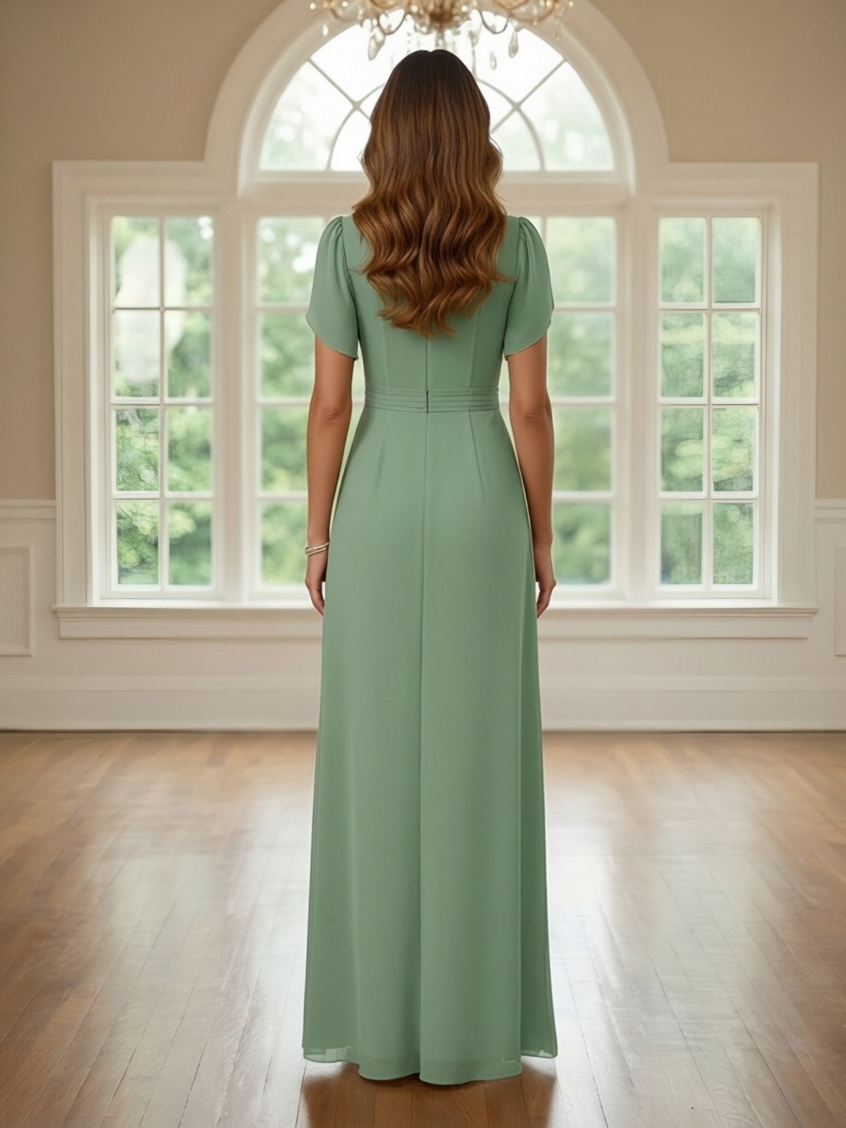 Chiffon Short Sleeves A Line Pleated Mother of the Bride Dresses