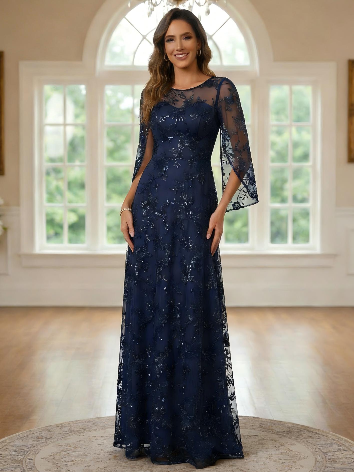 Lace Appliques Scoop Neck Mother of the Bride Dresses with Flutter Sleeves