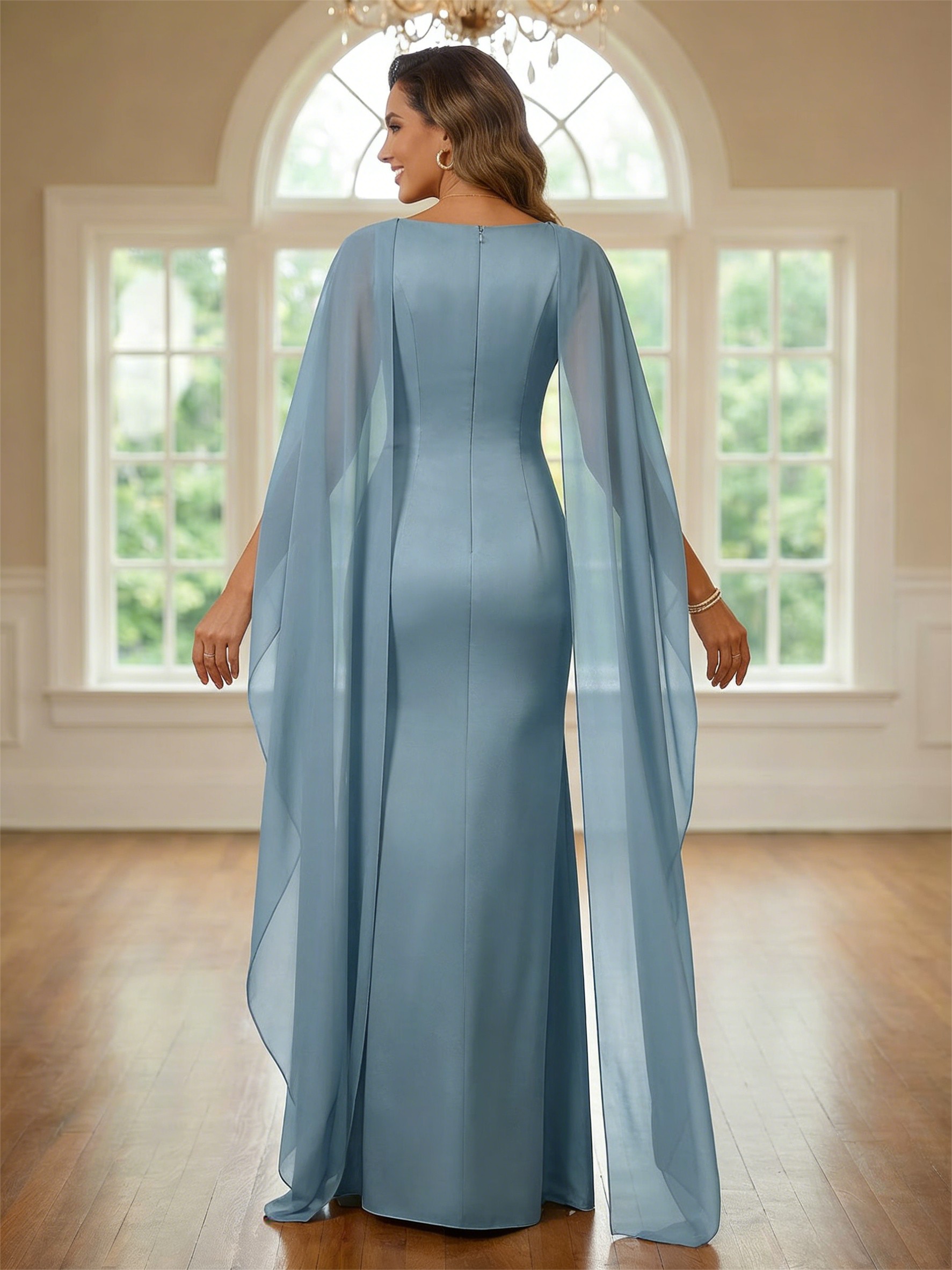 Chiffon A Line Scoop Neck Mermaid Mother of the Bride Dresses with Flutter Sleeves