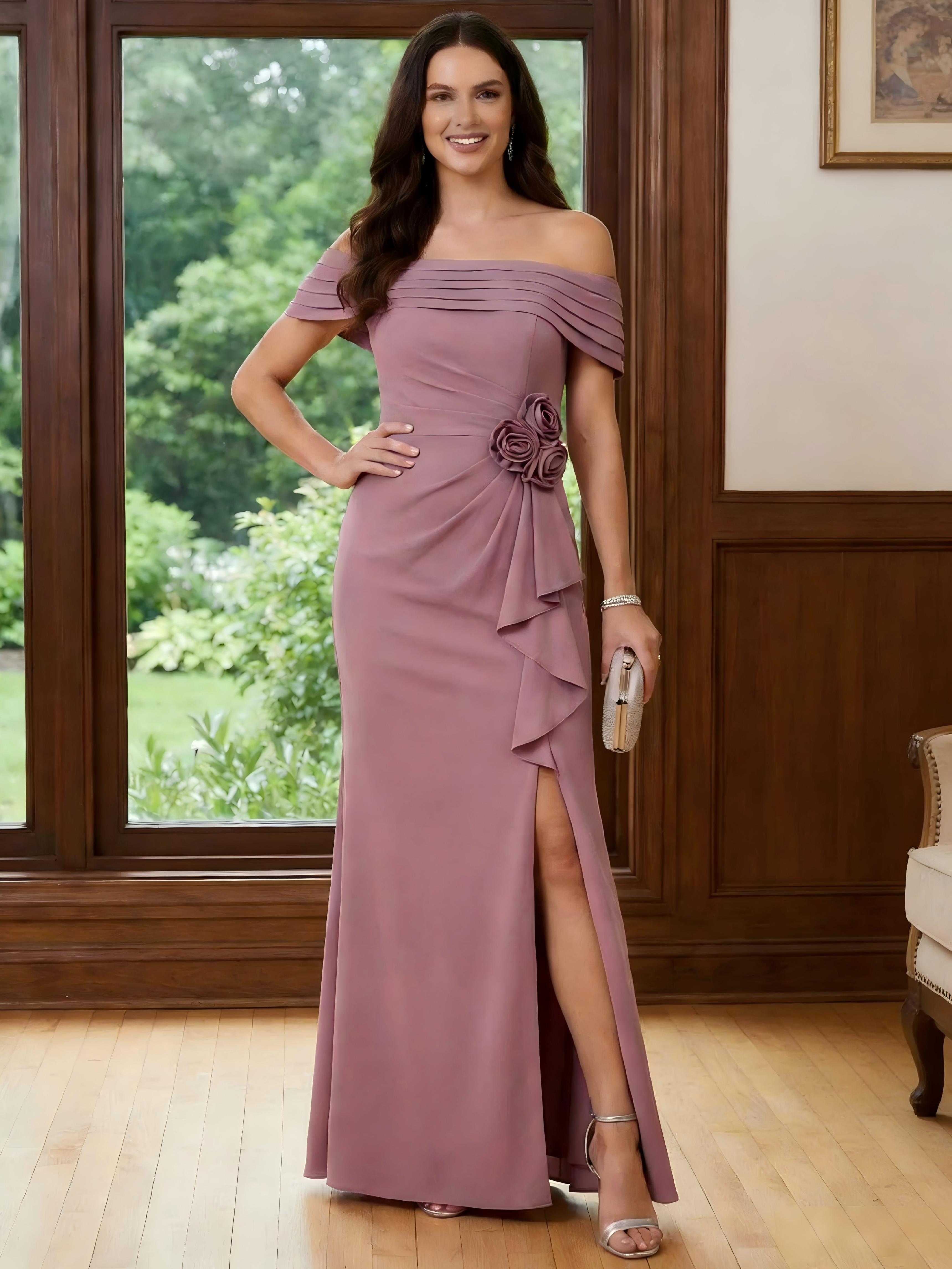 Chiffon Mermaid Off the Shoulder Pleated Ruffles Mother of the Bride Dresses with Slit