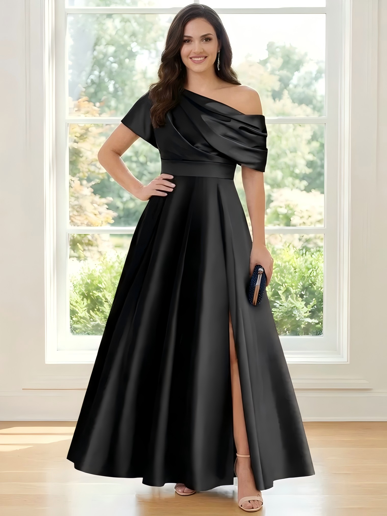 A Line Satin One Shoulder Pleated Mother of the Bride Dresses with Slit