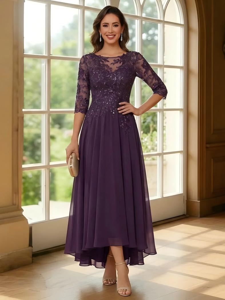 A Line Round Neck Long Sleeves Pleated Mother of the Bride Dresses