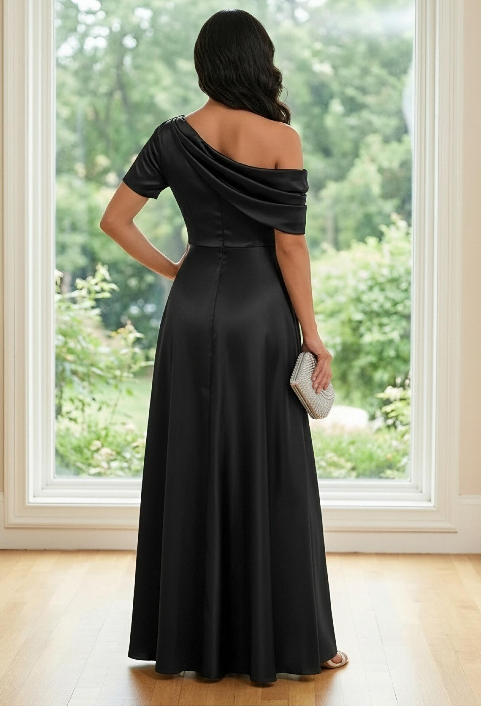A Line One Shoulder Satin Pleated Mother of the Bride Dresses with Slit