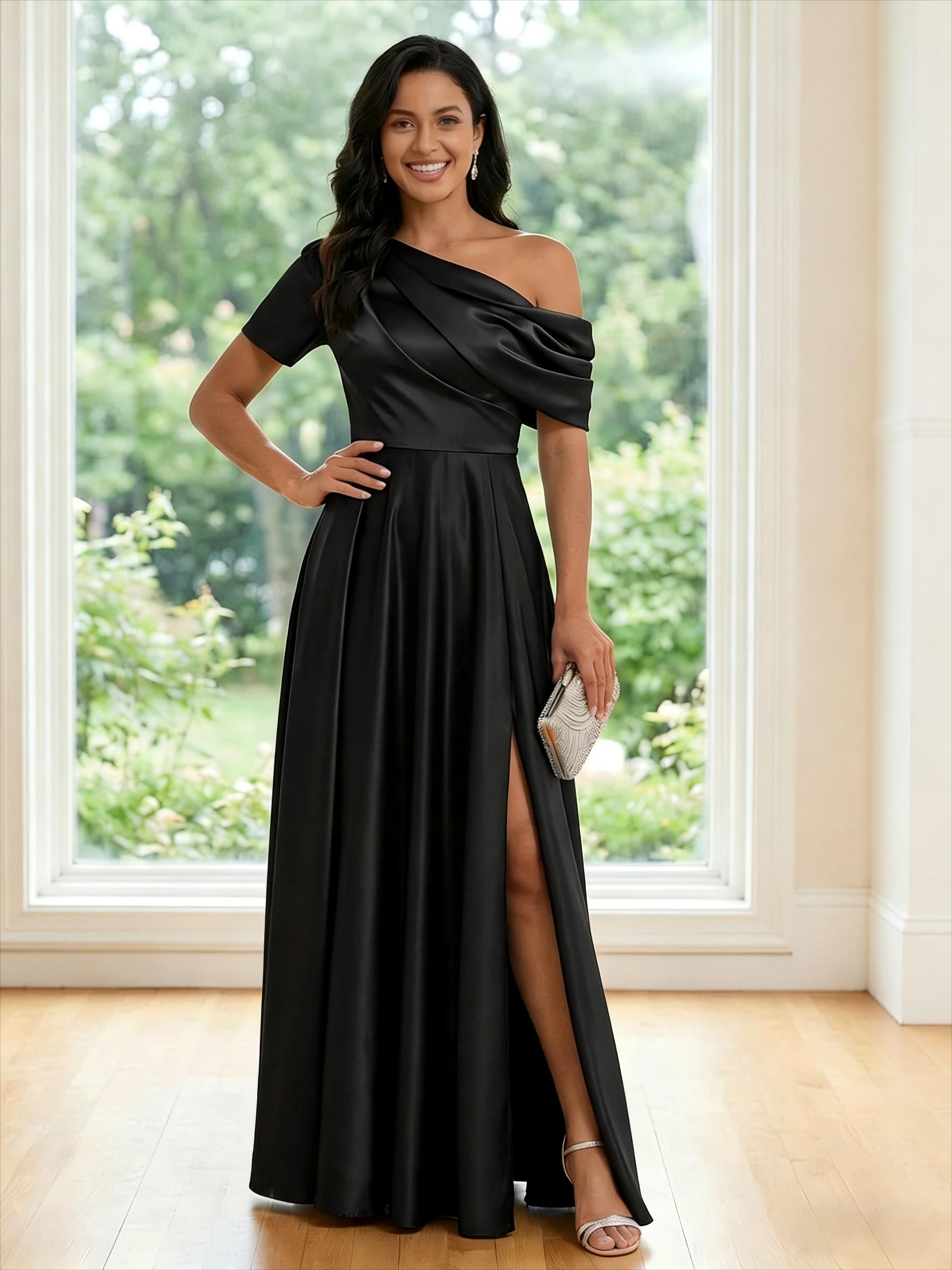 A Line One Shoulder Satin Pleated Mother of the Bride Dresses with Slit