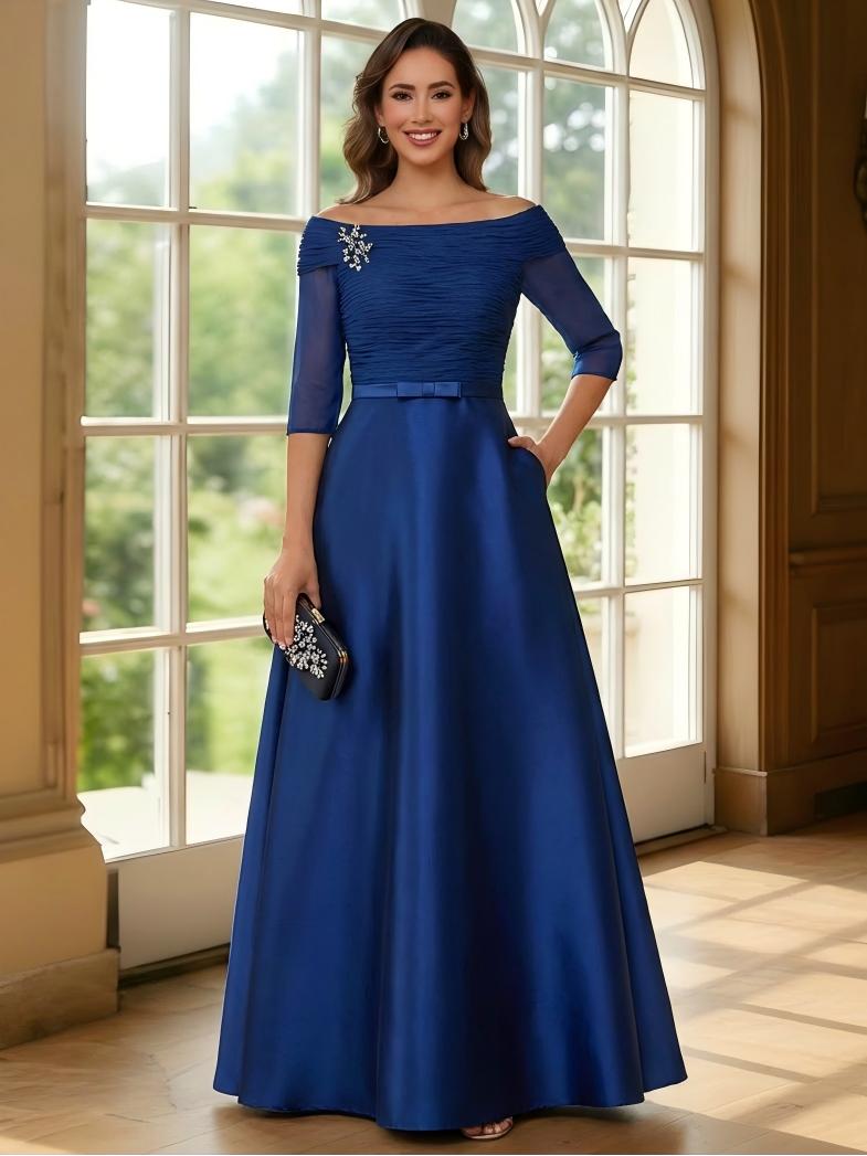 A Line Off the Shoulder Satin Chiffon Pleated Mother of the Bride Dresses