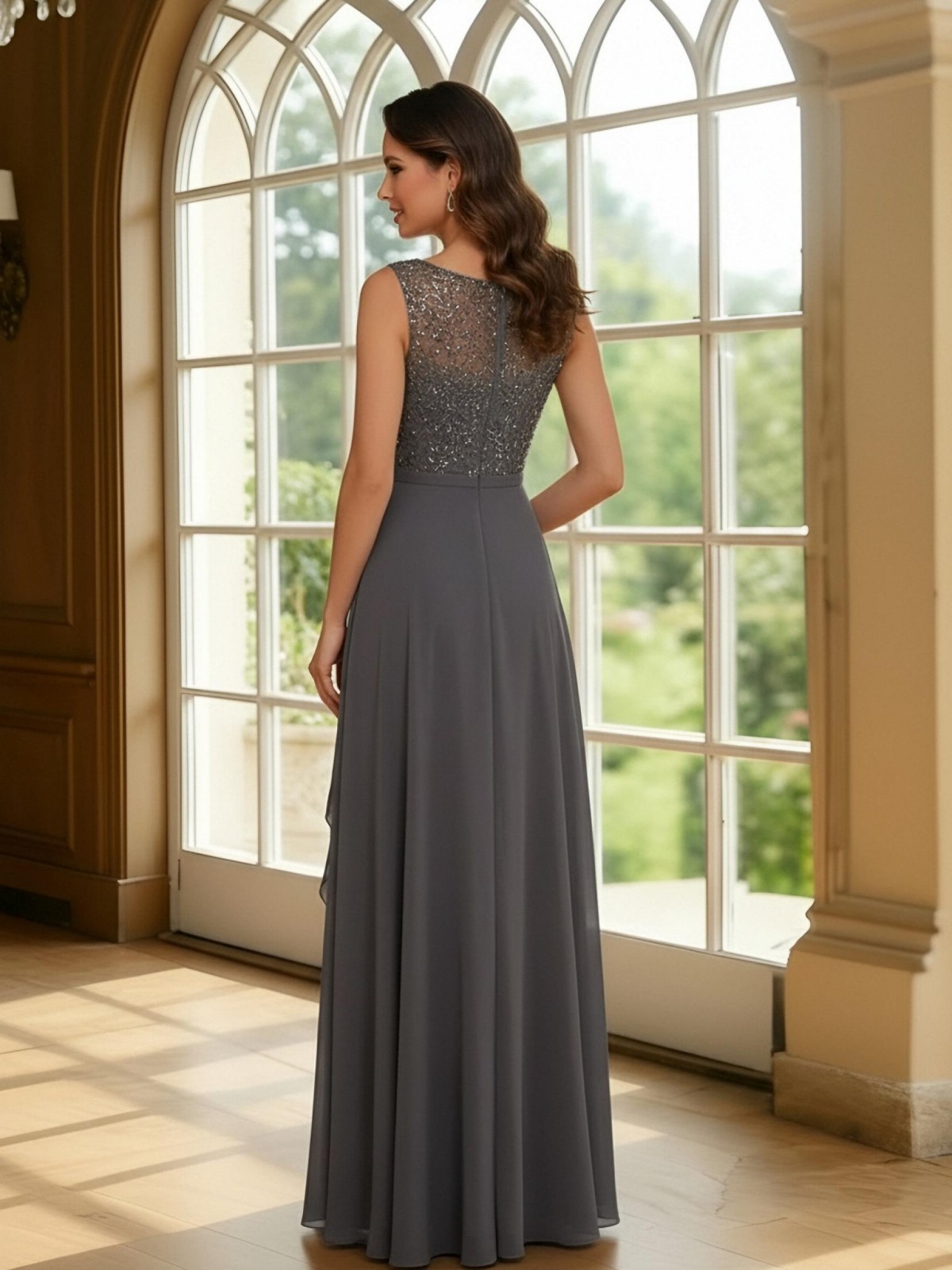 Chiffon Round Neck Sequin Ruffle  A Line Mother of the Bride Dresses with Slit