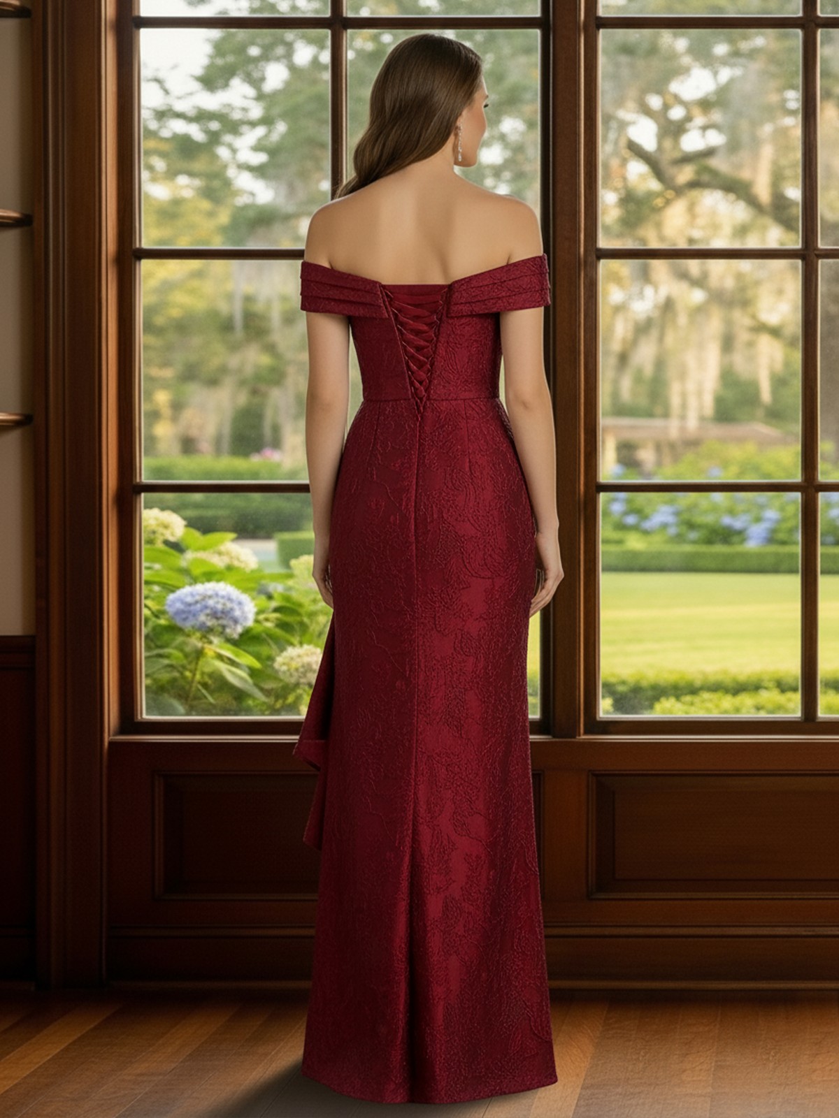 Jacquard Off the Shoulder Pleated Ruffle  Sheath Mother of the Bride Dresses