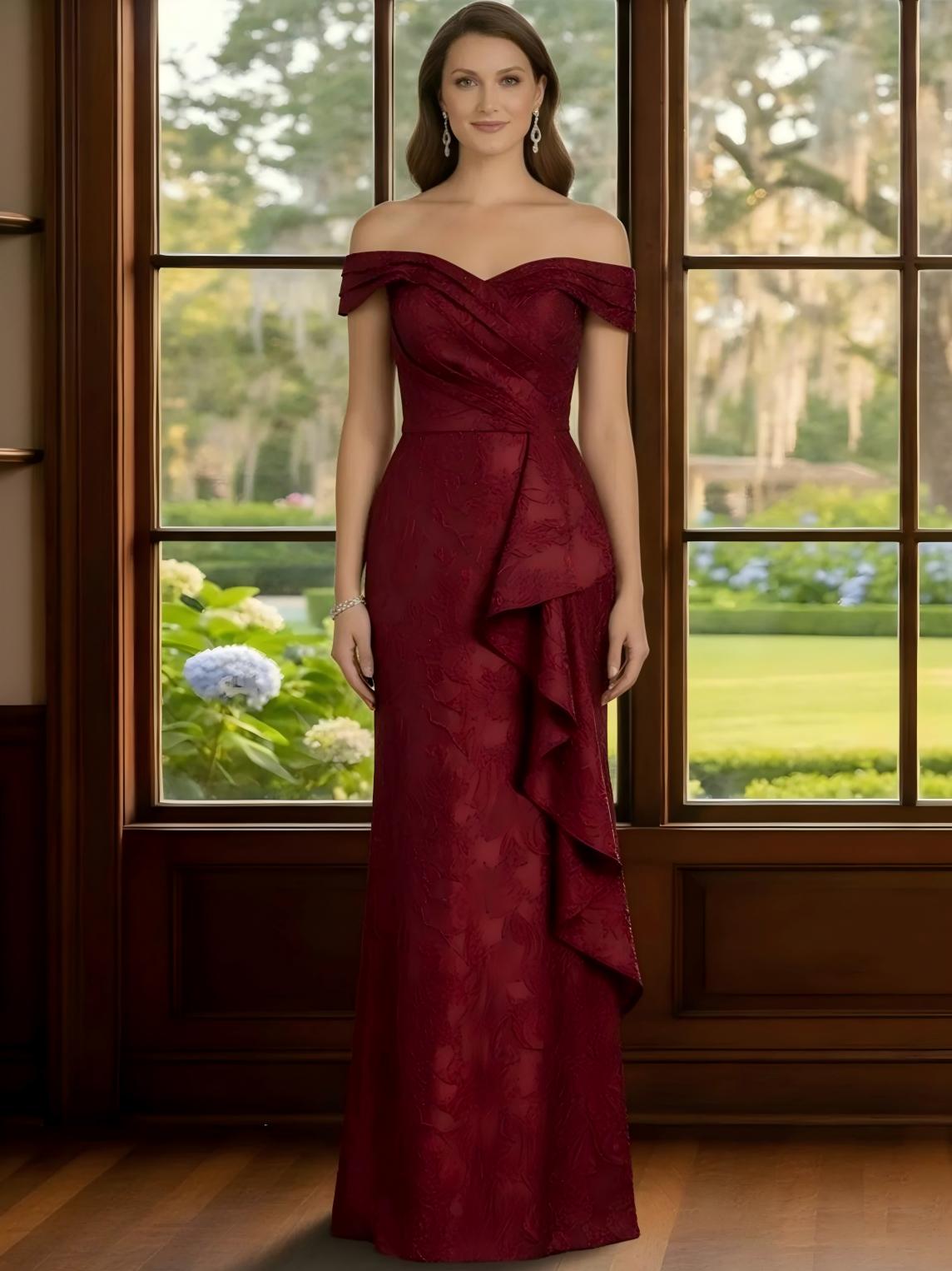 Jacquard Off the Shoulder Pleated Ruffle Sheath Mother of the Bride Dresses