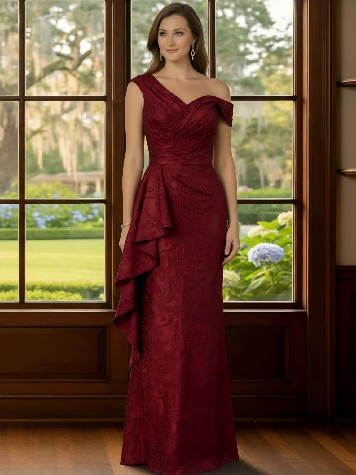 Jacquard One Shoulder Pleated Ruffle Sheath Mother of the Bride Dresses