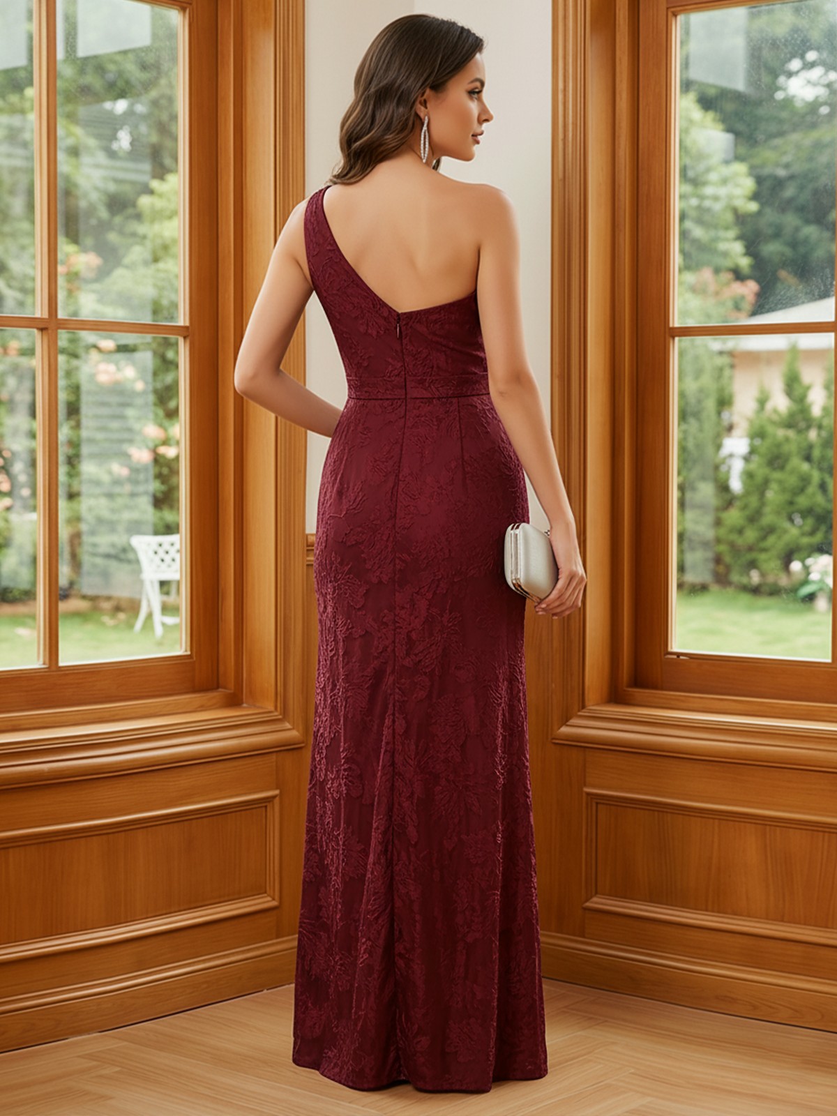 Jacquard One Shoulder Pleated Lace Appliques Mother of the Bride Dresses