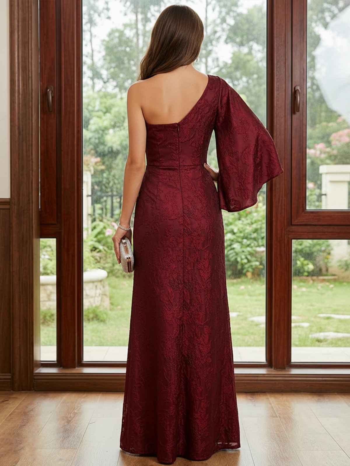 Jacquard One Shoulder Long Sleeve A Line Pleated Lace Appliques Mother of the Bride Dresses with Slit