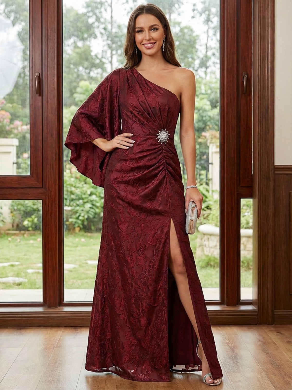 Jacquard One Shoulder Long Sleeve A Line Pleated Lace Appliques Mother of the Bride Dresses with Slit