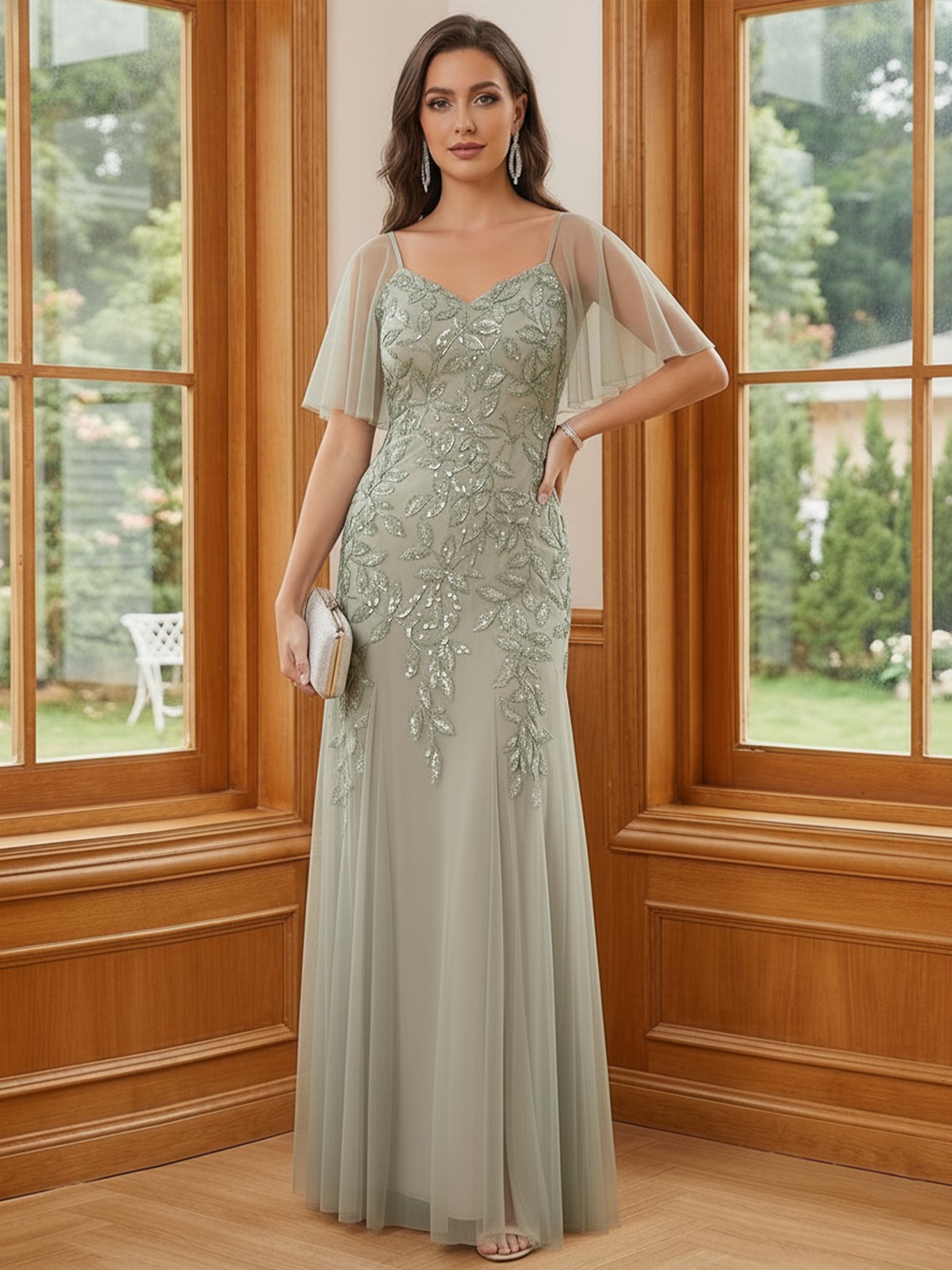 Tulle Long Lace Appliques V Neck A Line Mother of the Bride Dresses
