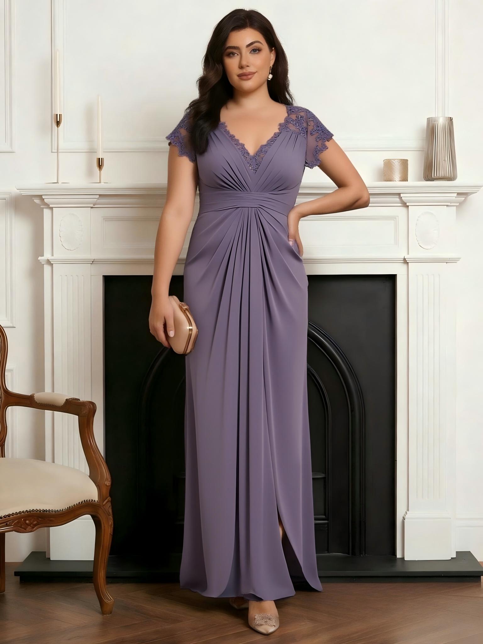 Chiffon V Neck Lace Appliques A Line Plus Size Ruched Mother of the Bride Dresses