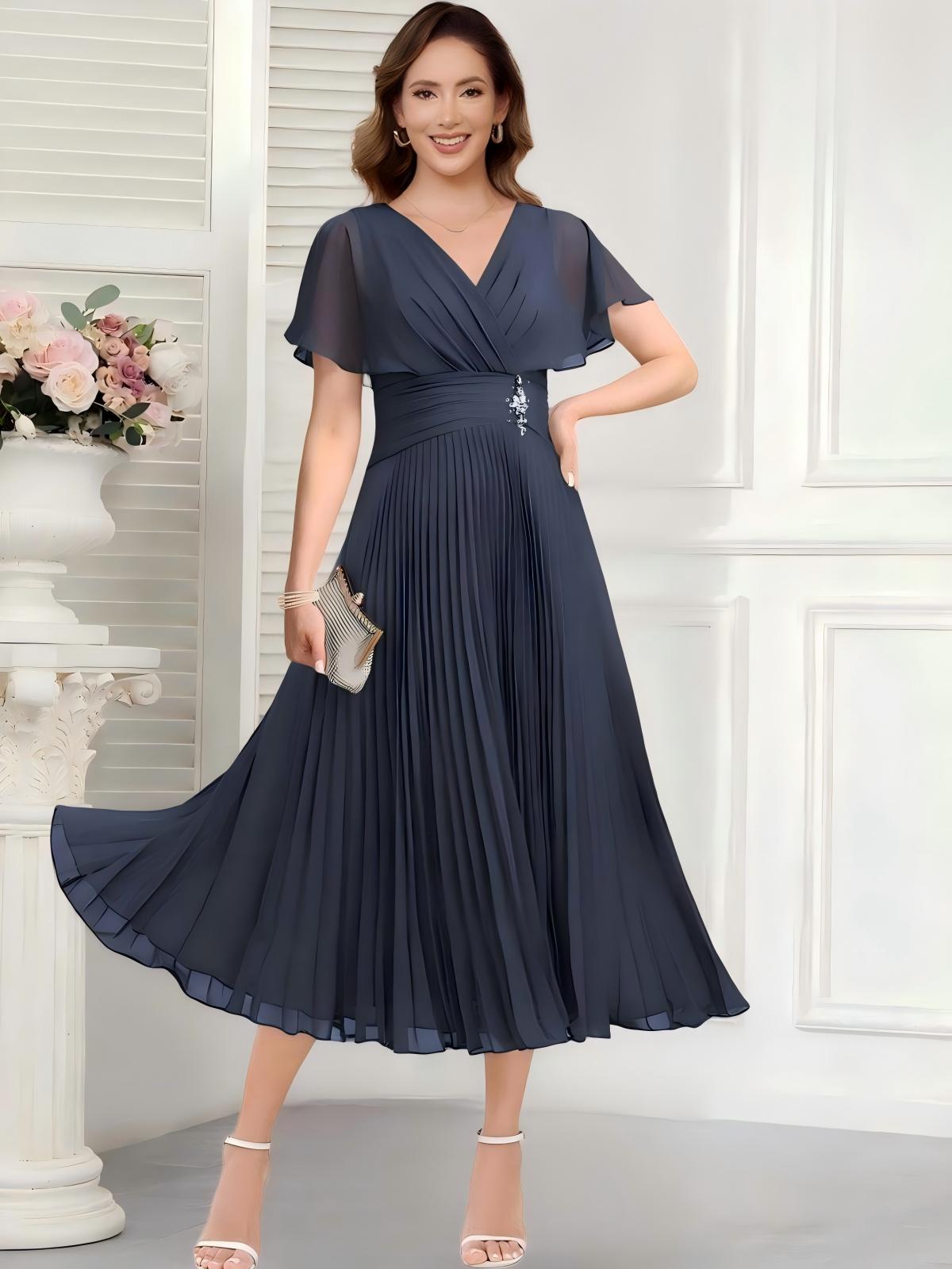 Chiffon Tea Length Pleated Mother of the Bride Dresses with Sleeves