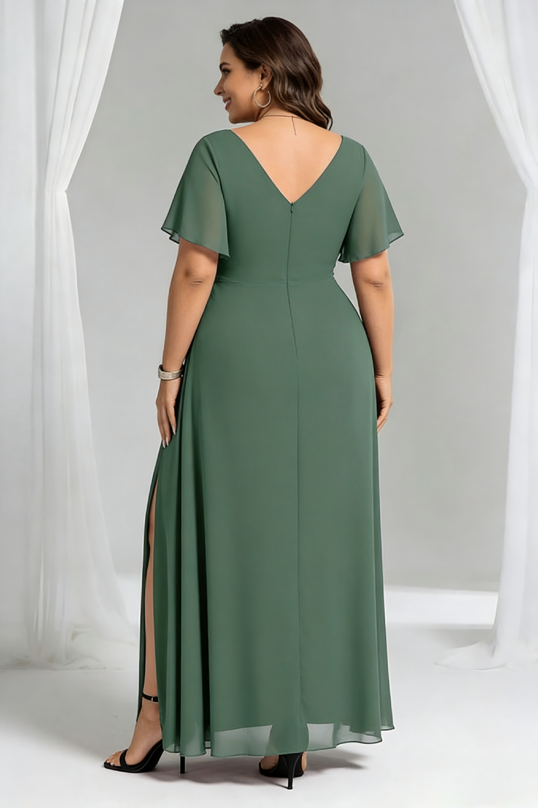 Chiffon V Neck Pleated Corset A Line Mother of the Bride Dresses with Slit