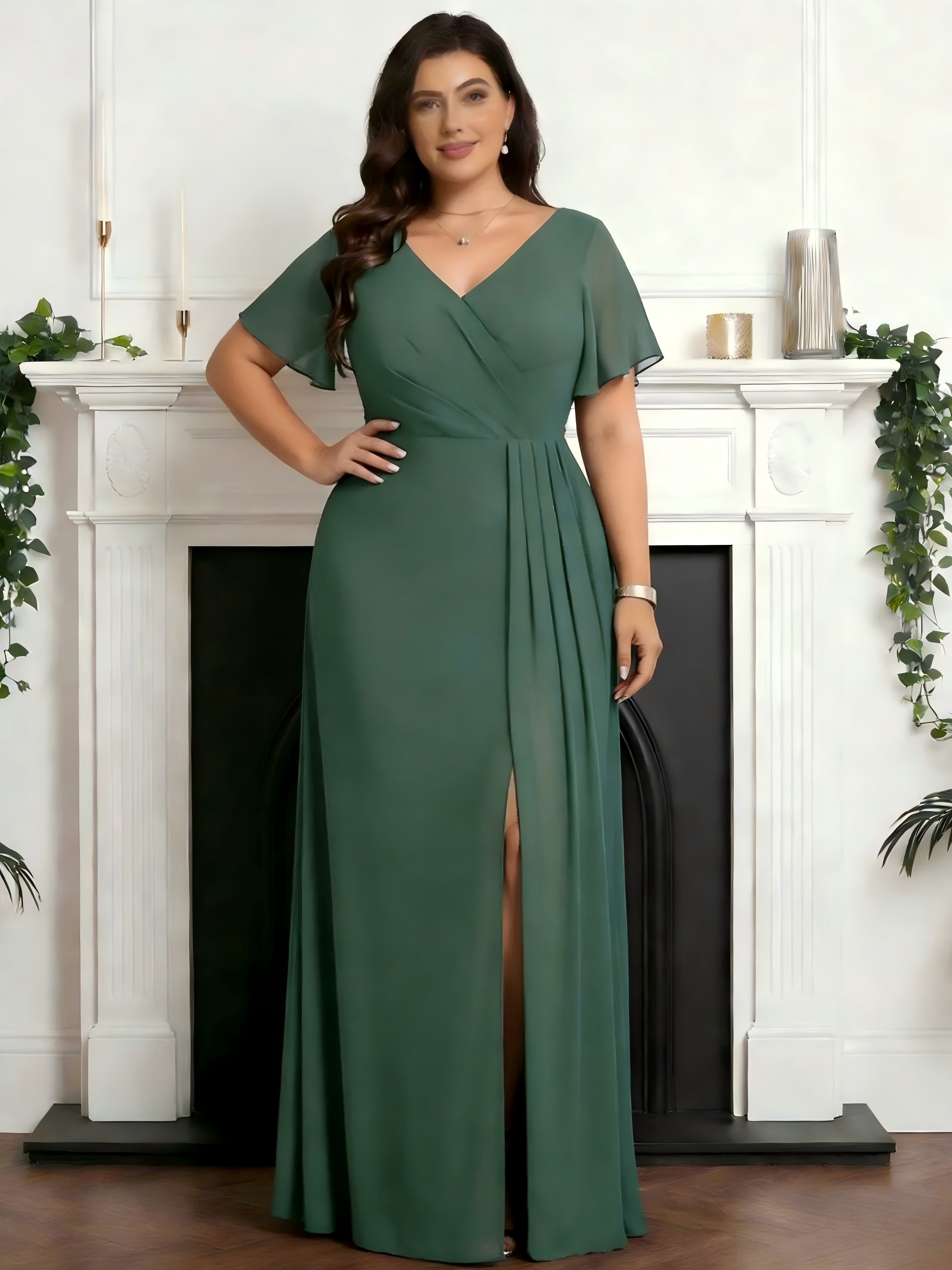 Chiffon V Neck Pleated Corset A Line Mother of the Bride Dresses with Slit