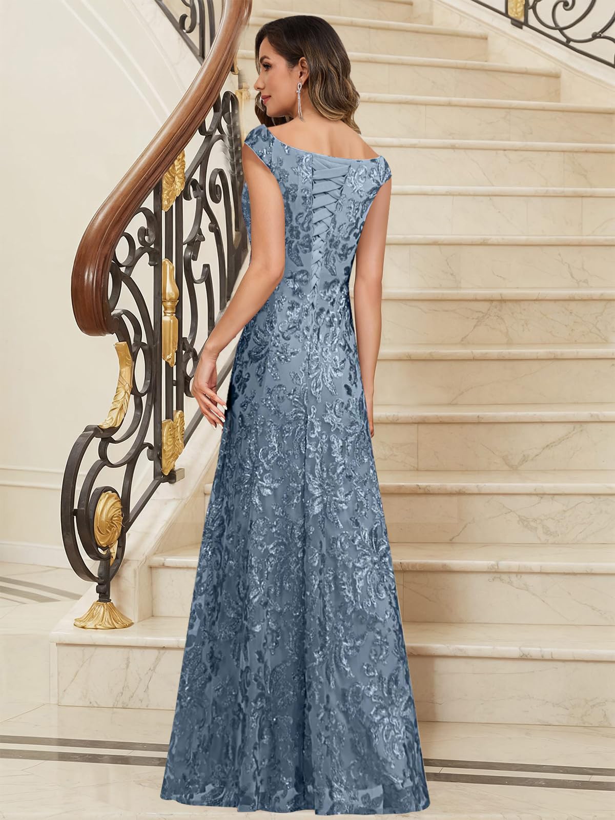 Tulle Off the Shoulder Long Sequin Mermaid Mother of the Bride Dresses with Cap