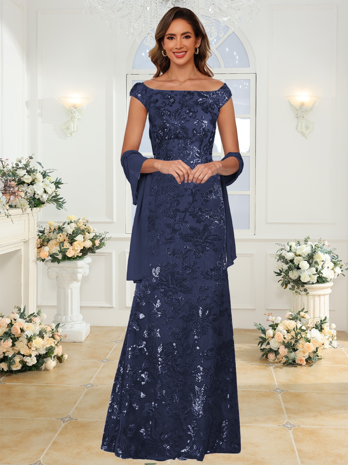 Tulle Off the Shoulder Long Sequin Mermaid Mother of the Bride Dresses with Cap