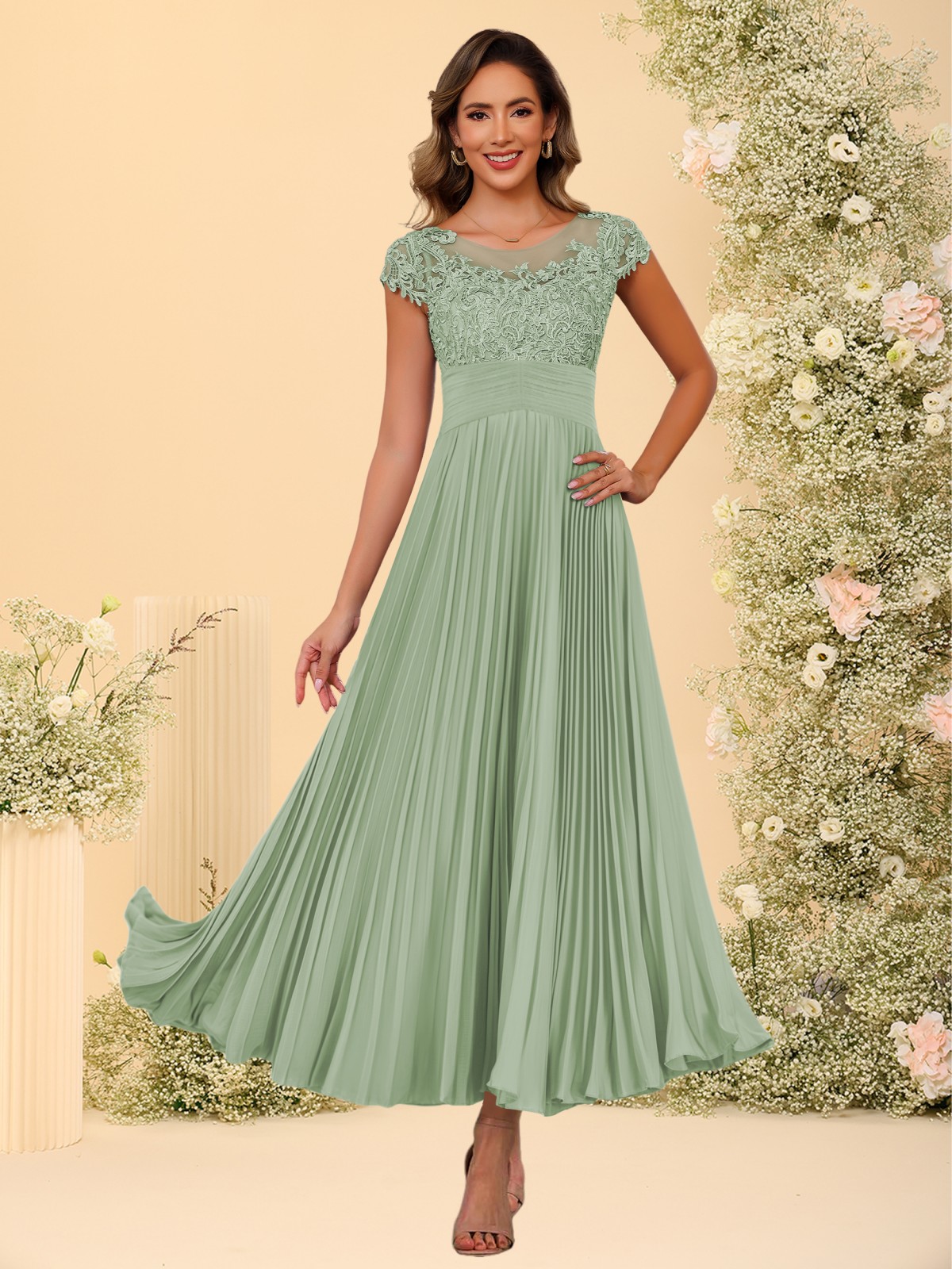 Chiffon Round Neck Pleated Corset Lace Applique Mother of the Bride Dresses