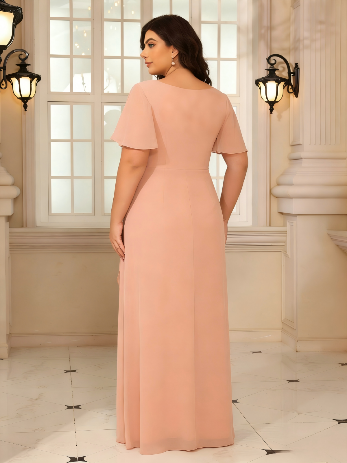 Chiffon V Neck Pleated Corset Lace Applique Mother of the Bride Dresses with Ruffle