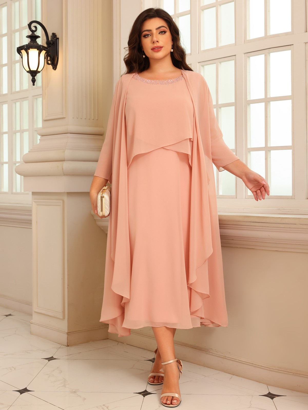 Chiffon Round Neck Ruffle 2 Pieces A Line Mother of the Bride Dresses