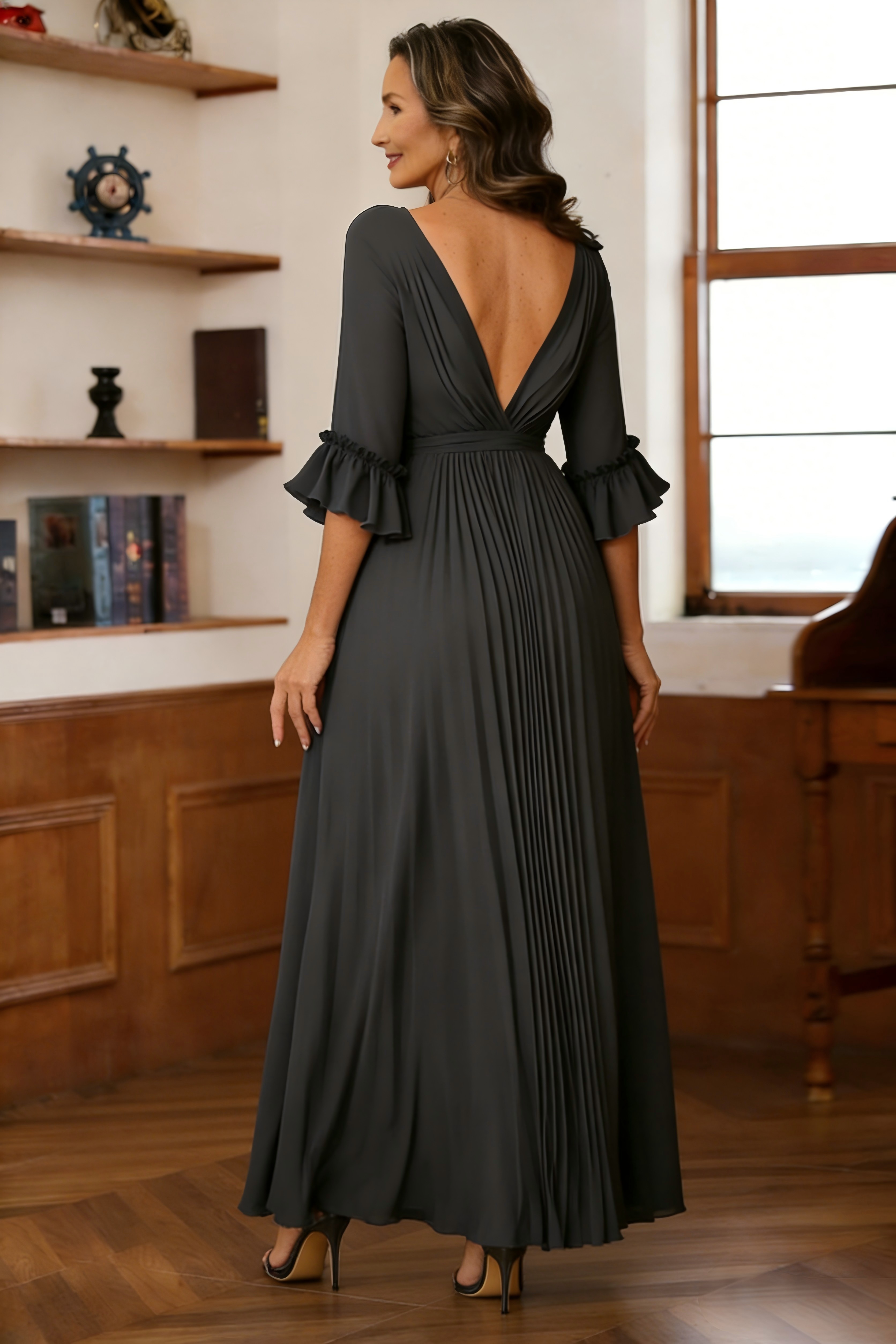 V Neck Chifffon A Line Long Sleeves Mother of the Bride Dresses