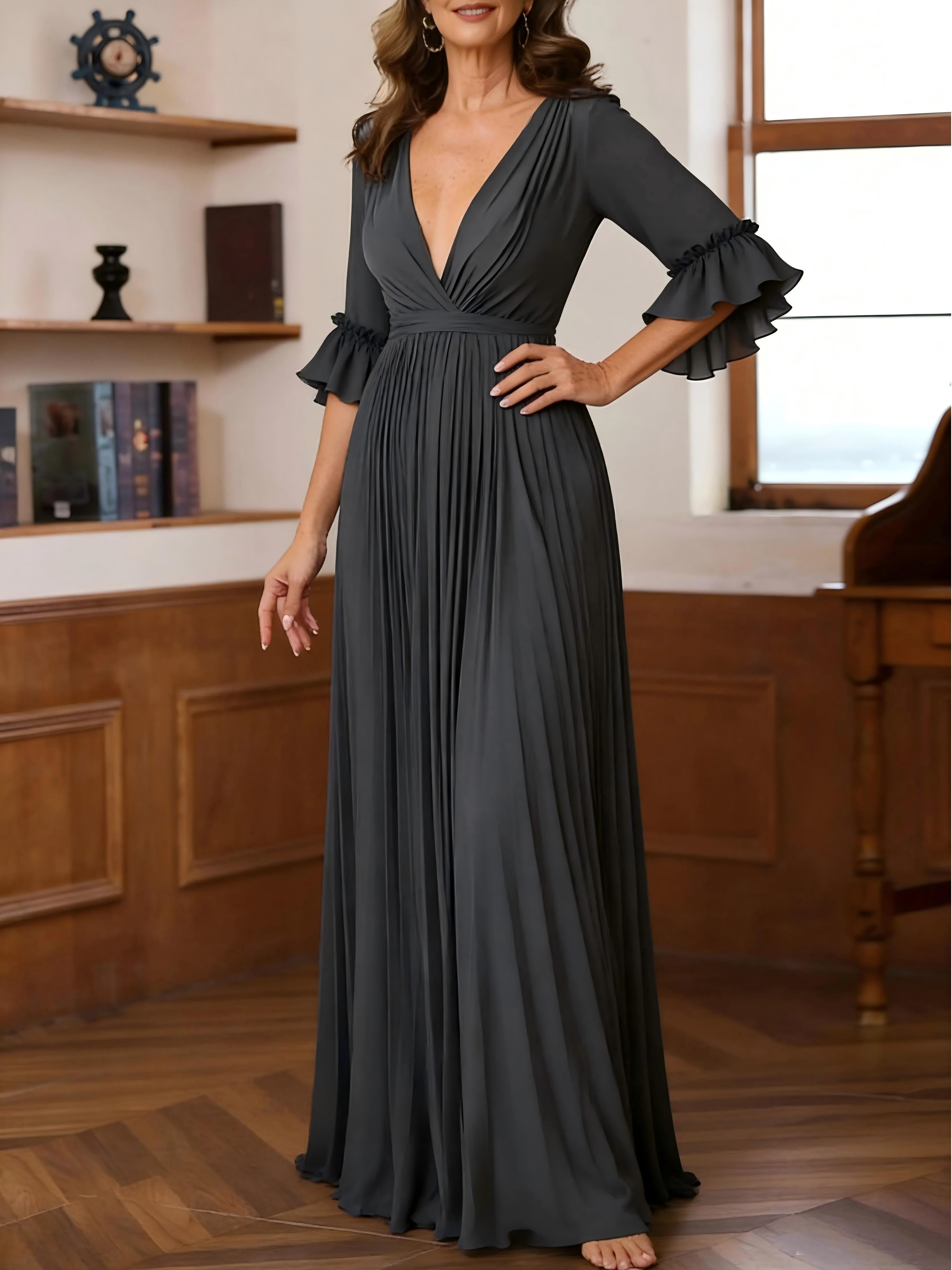 V Neck Chiffon A Line Long Sleeves Mother of the Bride Dresses