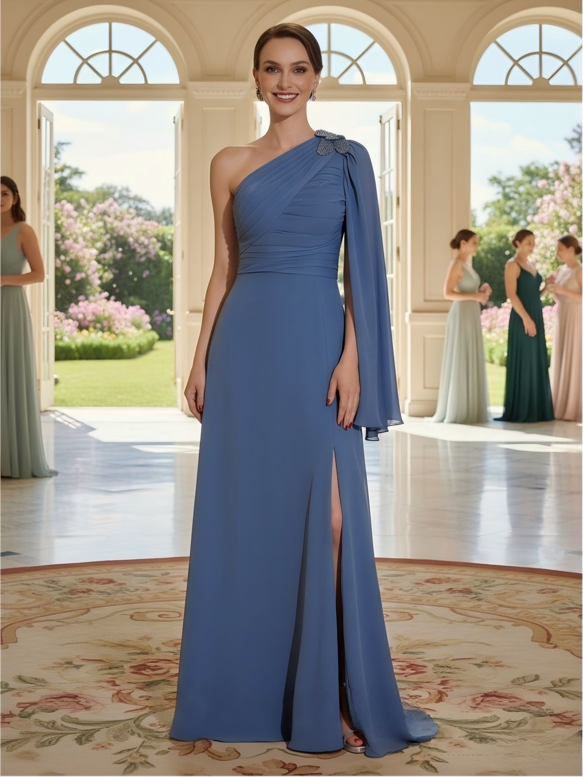 One Shoulder Chiffon A Line Mother of the Bride Dresses with Slit