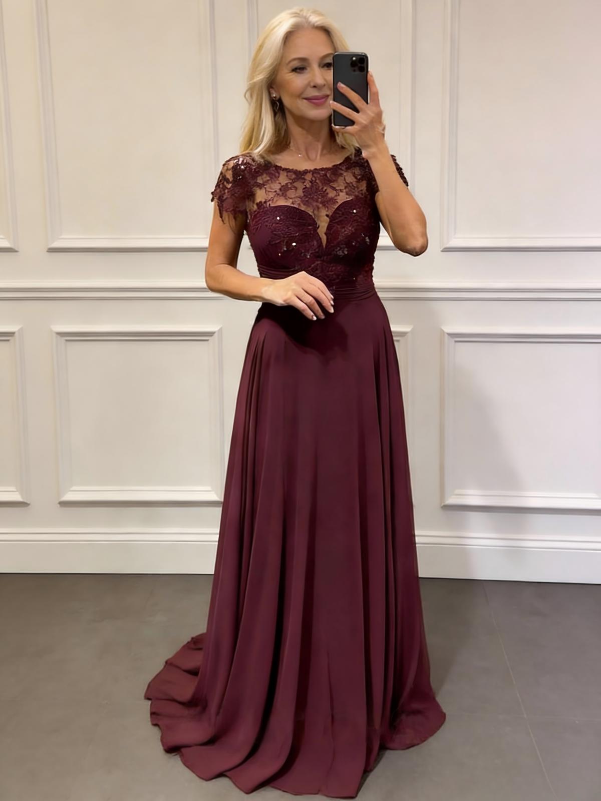 Round Neck Lace Appliques Chiffon Mother of the Bride Dresses