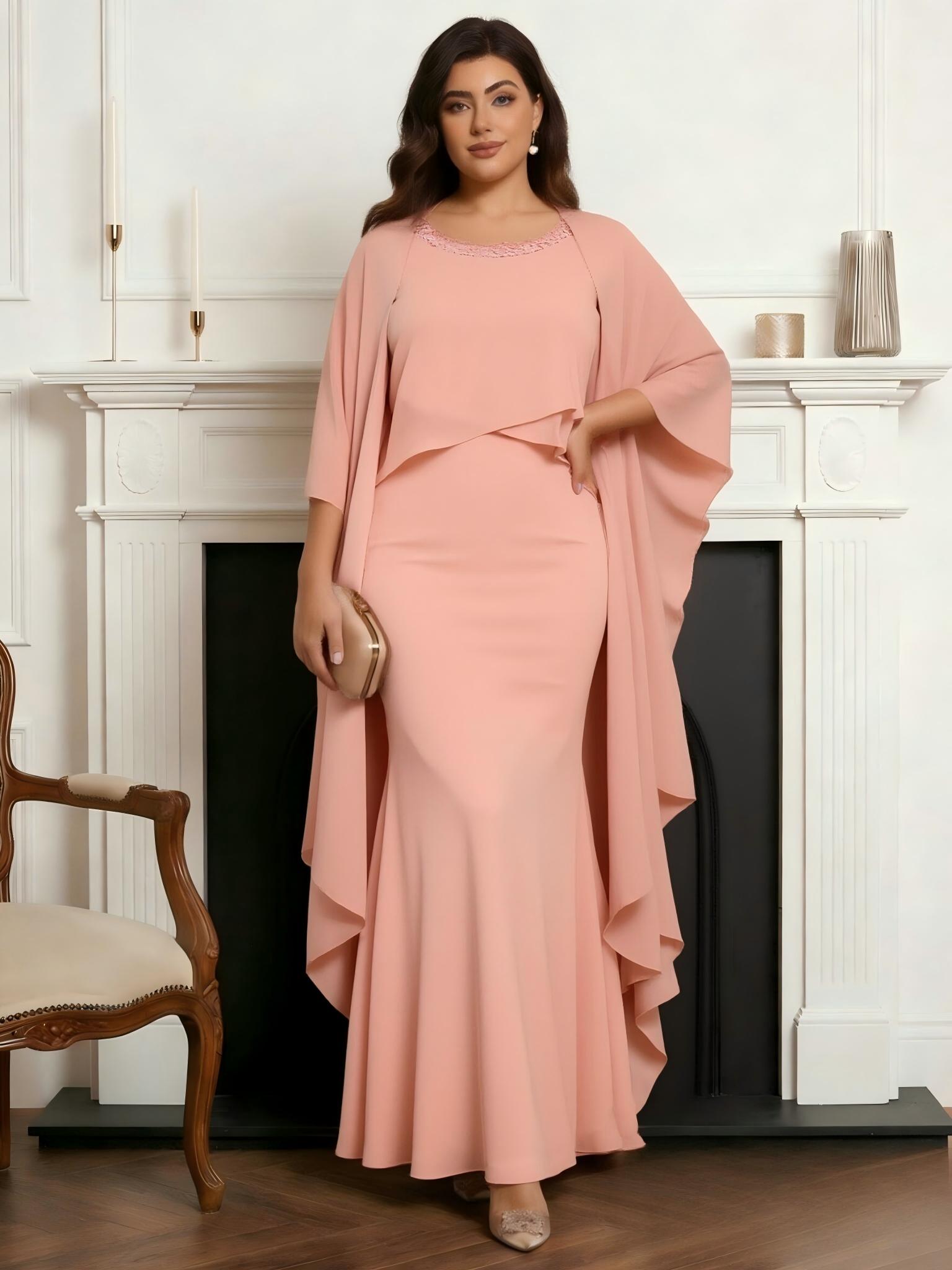 Chiffon Round Neck Ruffle 2 Pieces Mermaid Mother of the Bride Dresses