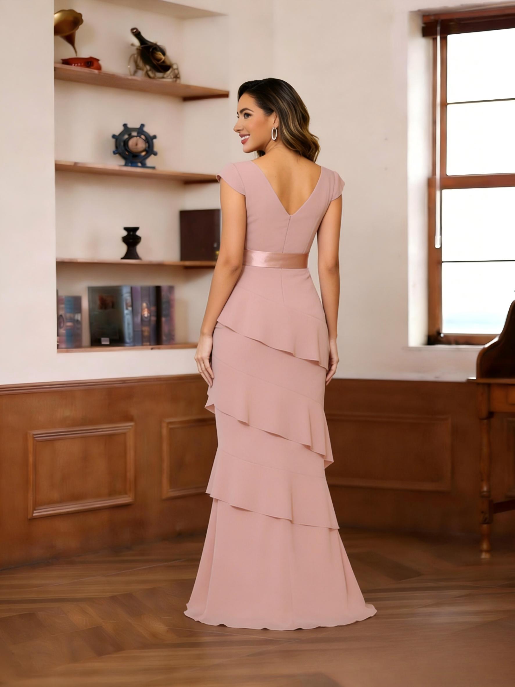 Chiffon V Neck Tiered Ruffle Bow Mother of the Bride Dresses