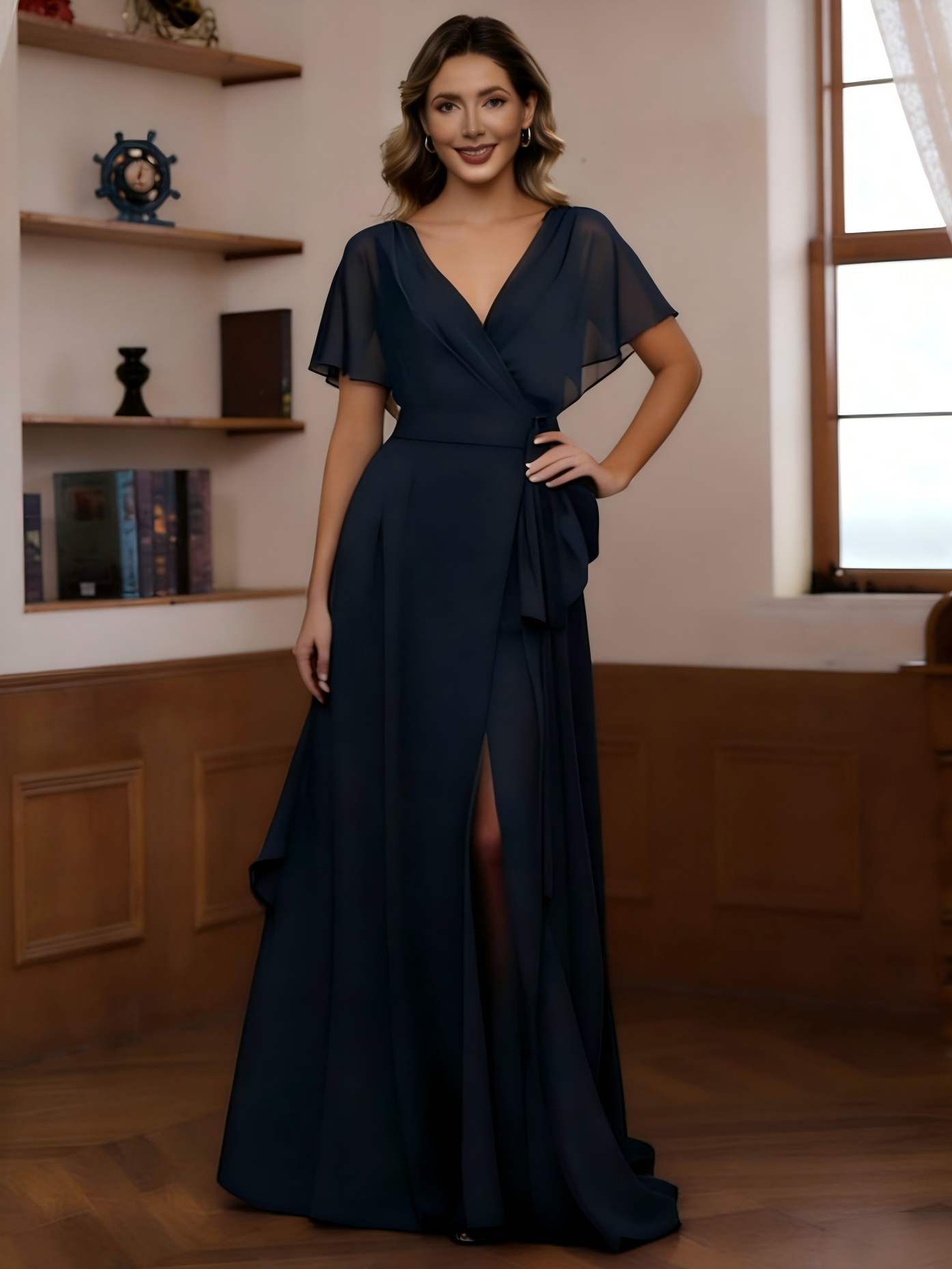 Chiffon V Neck A Line Ruched Flutter Sleeves Mother of the Bride Dresses with Slit