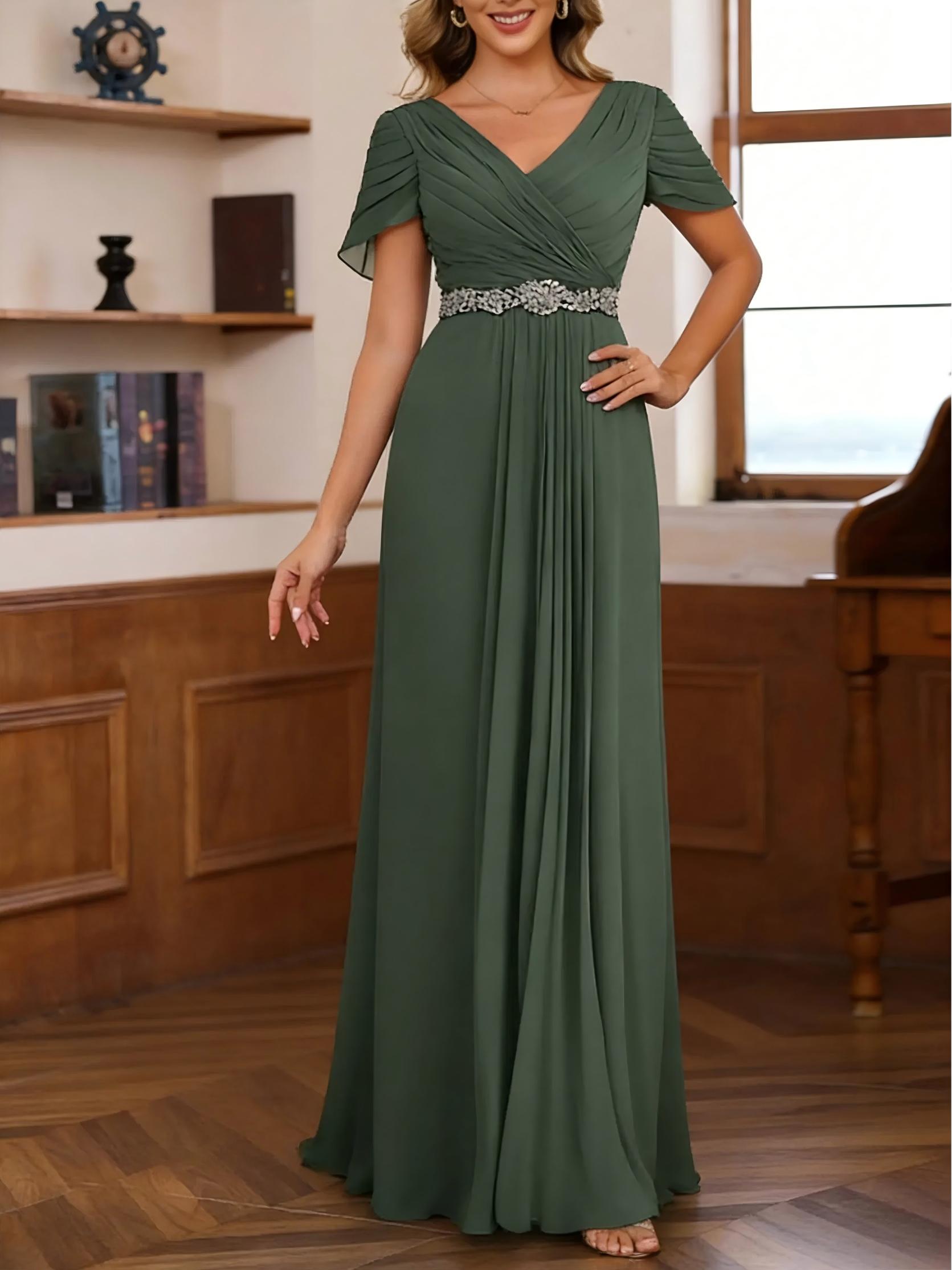 Chiffon V Neck A Line Ruched Short Sleeves Mother of the Bride Dresses with Slit