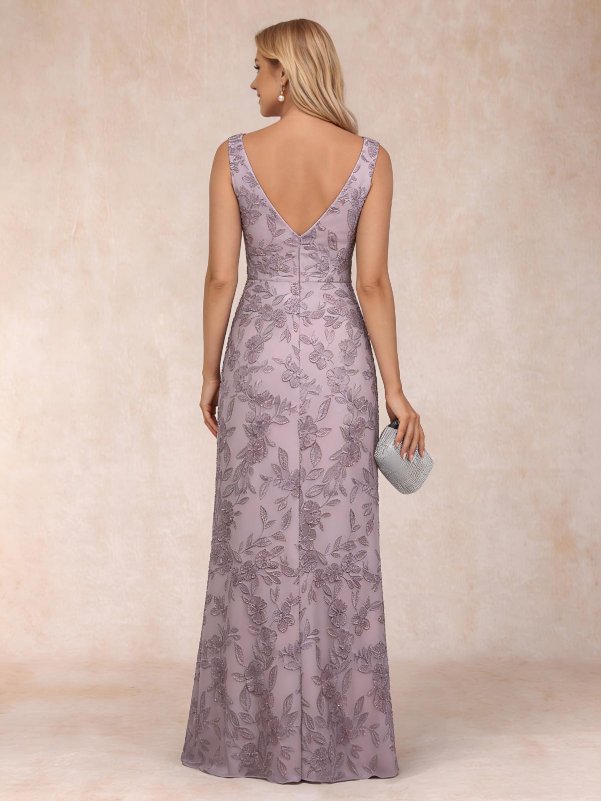 Lace Appliques Satin V Neck Mother of the Bride Dresses