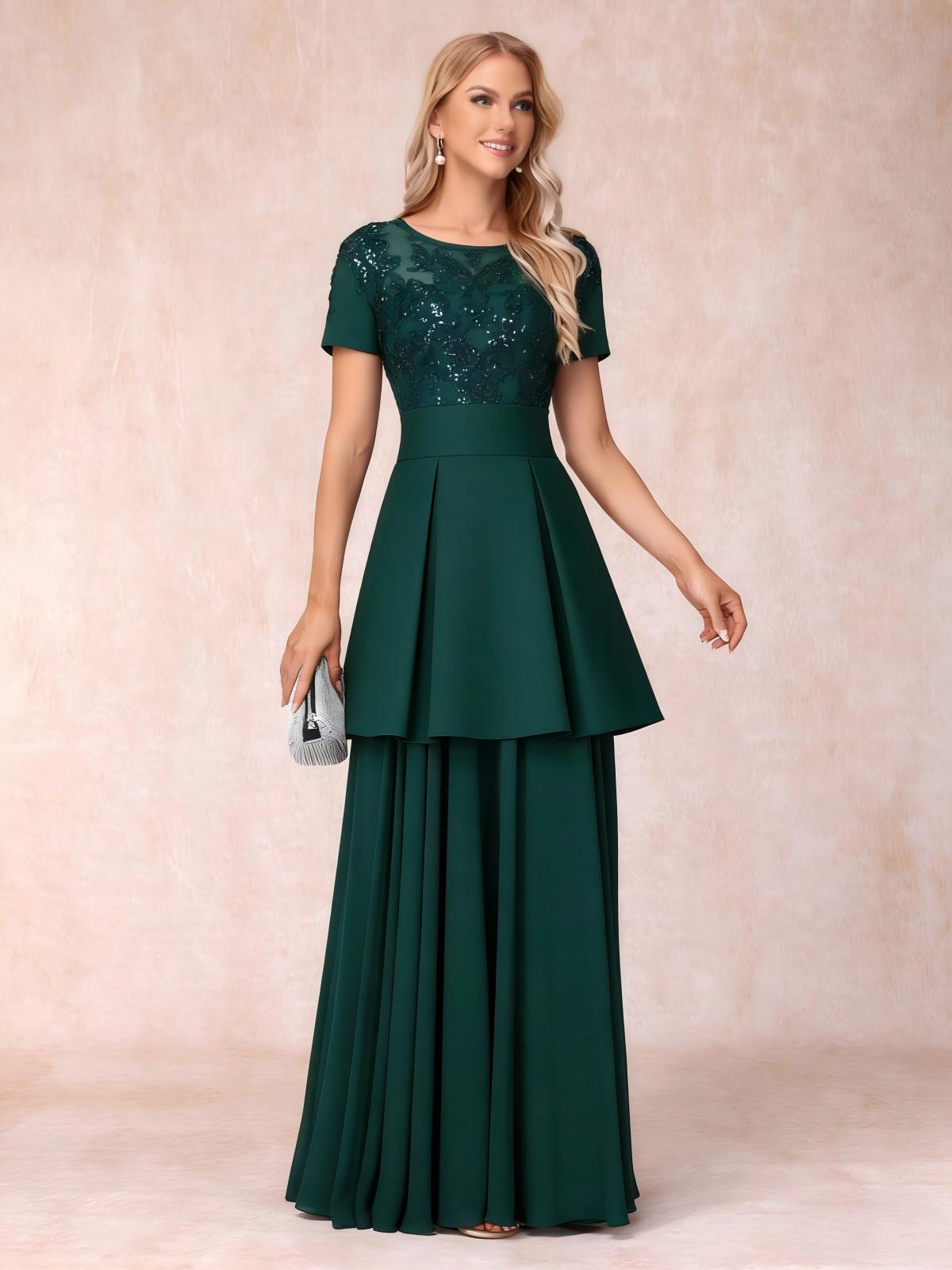 2 Pieces Round Neck Lace Appliques Satin Mother of the Bride Dresses