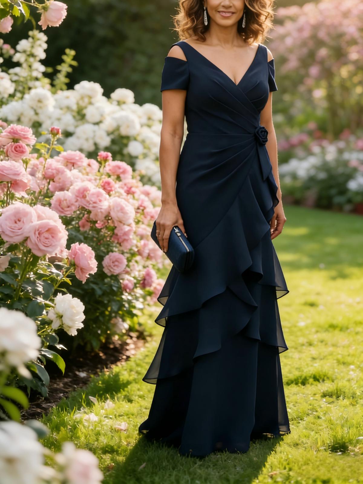 V Neck Tiered Chiffon Mother of the Bride Dresses