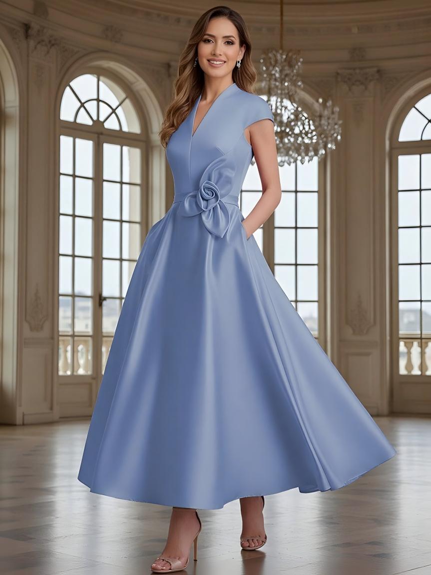 V Neck Satin 3D Flower Mother of the Bride Dresses