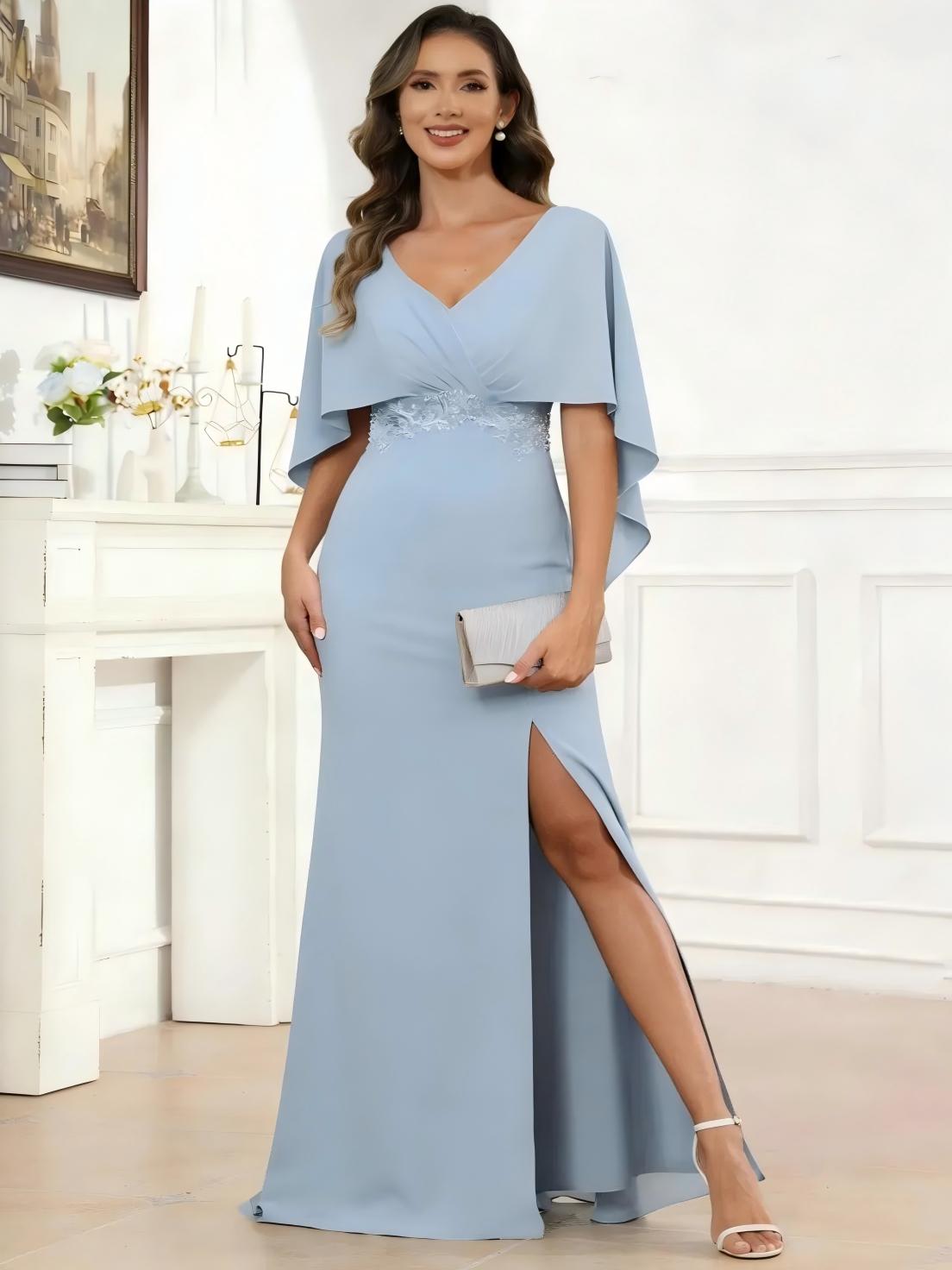 Chiffon V Neck Pleated Lace Appliques Mother of the Bride Dresses with Slit