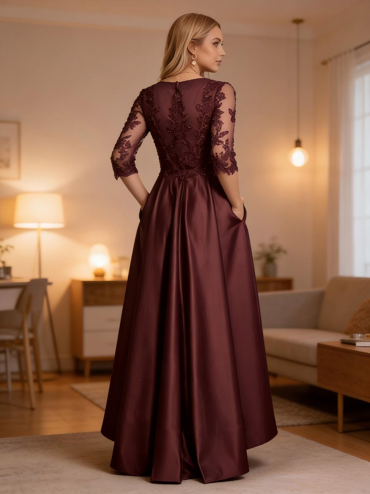 V Neck Lace Appliques Satin Pleated Mother of the Bride Dresses