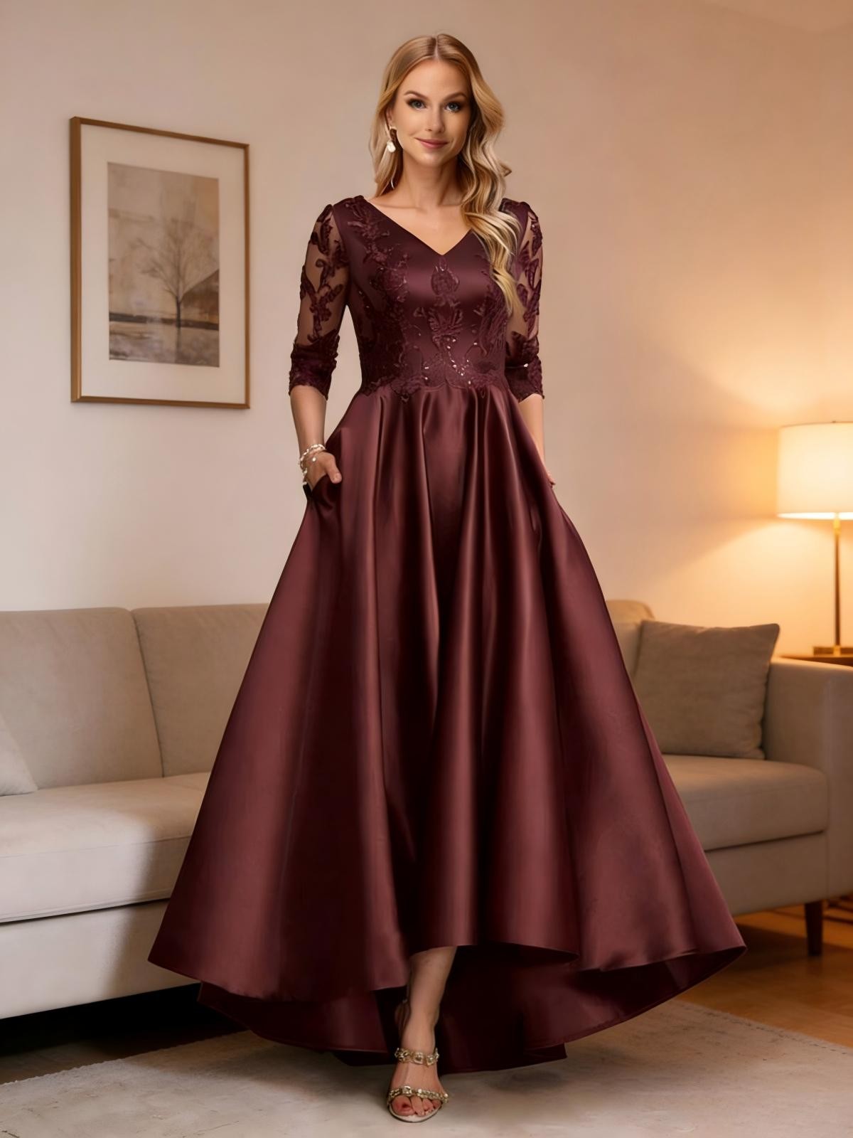 V Neck Lace Appliques Satin Pleated Mother of the Bride Dresses