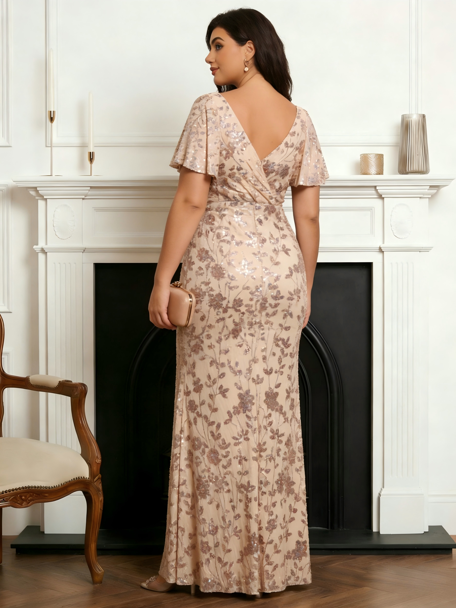 V Neck Velvet Floral Print Pleated Mother of the Bride Dresses