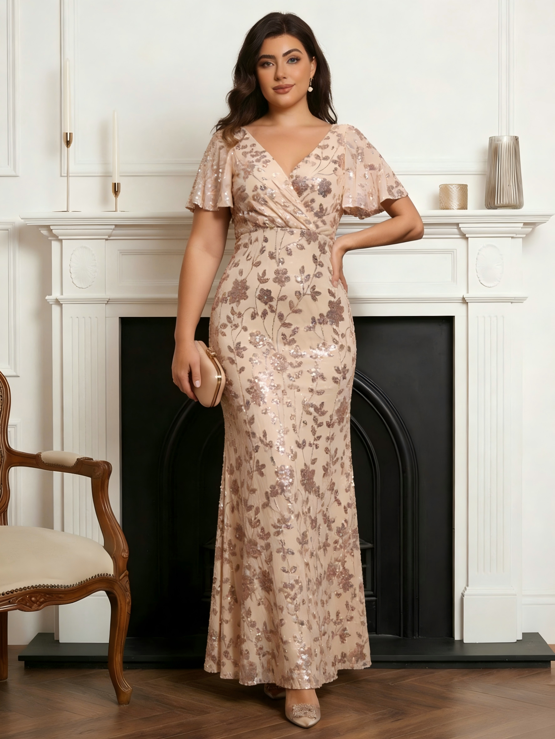 V Neck Velvet Floral Print Pleated Mother of the Bride Dresses