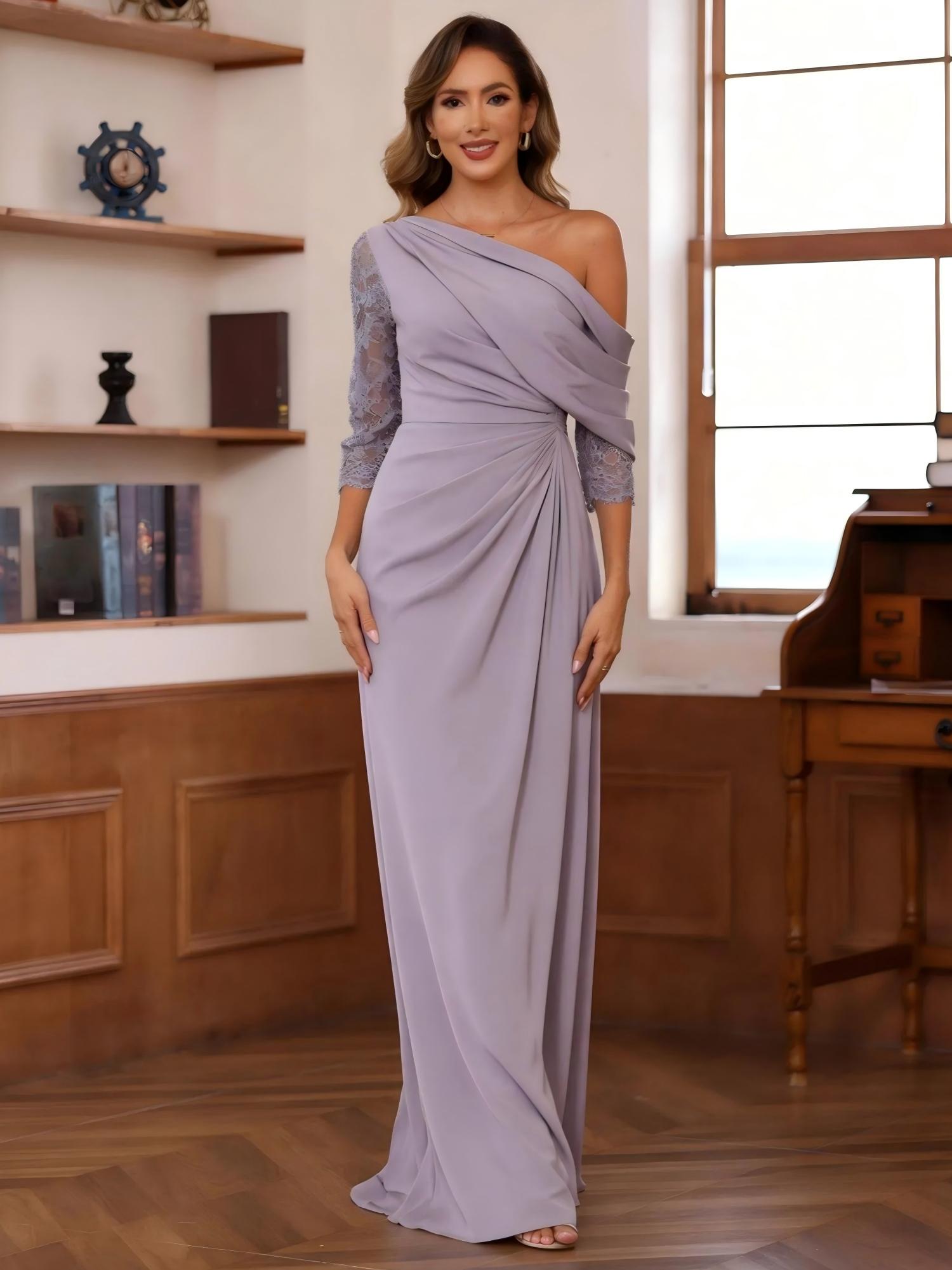 Chiffon One Shoulder Ruched Lace Appliques Mother of the Bride Dresses