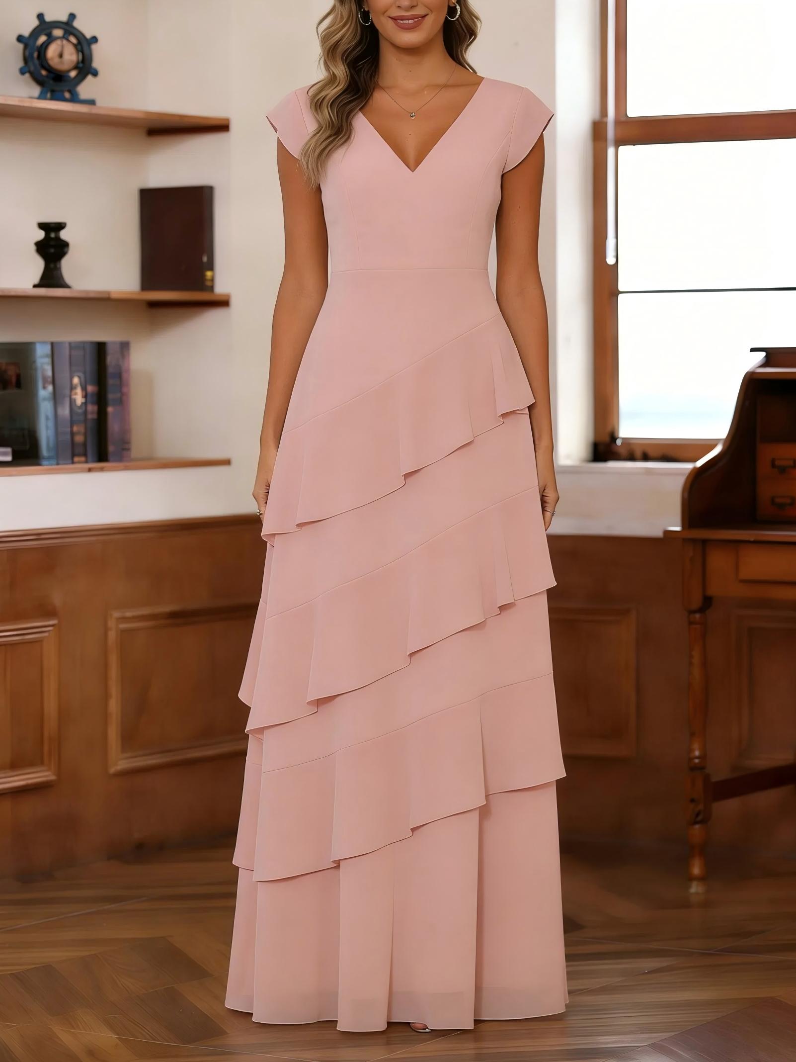 Chiffon V Neck Tiered A Line Ruched Mother of the Bride Dresses