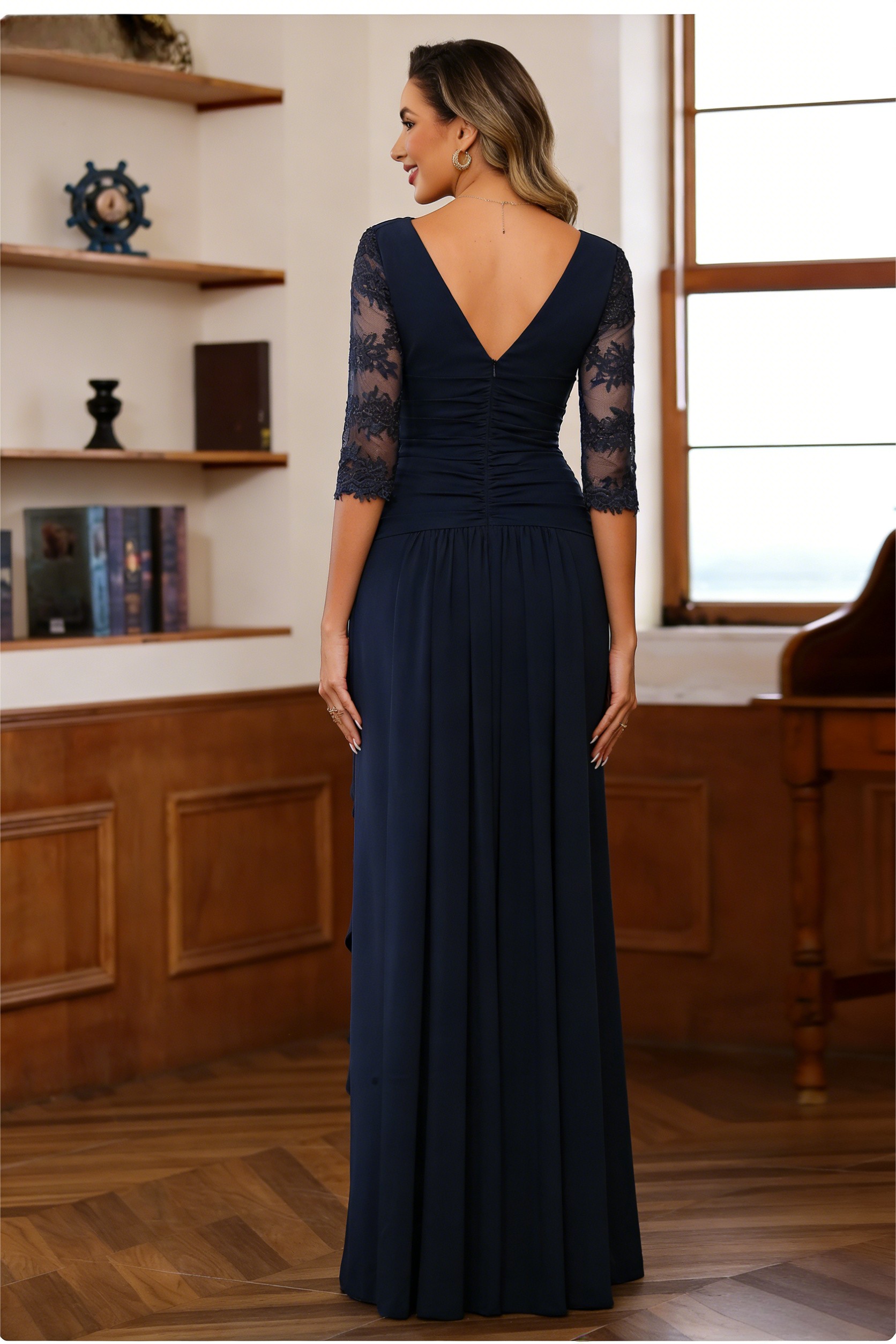 Chiffon Scoop Neck Lace Appliques Mermaid Ruffles Mother of the Bride Dresses with Long Sleeves