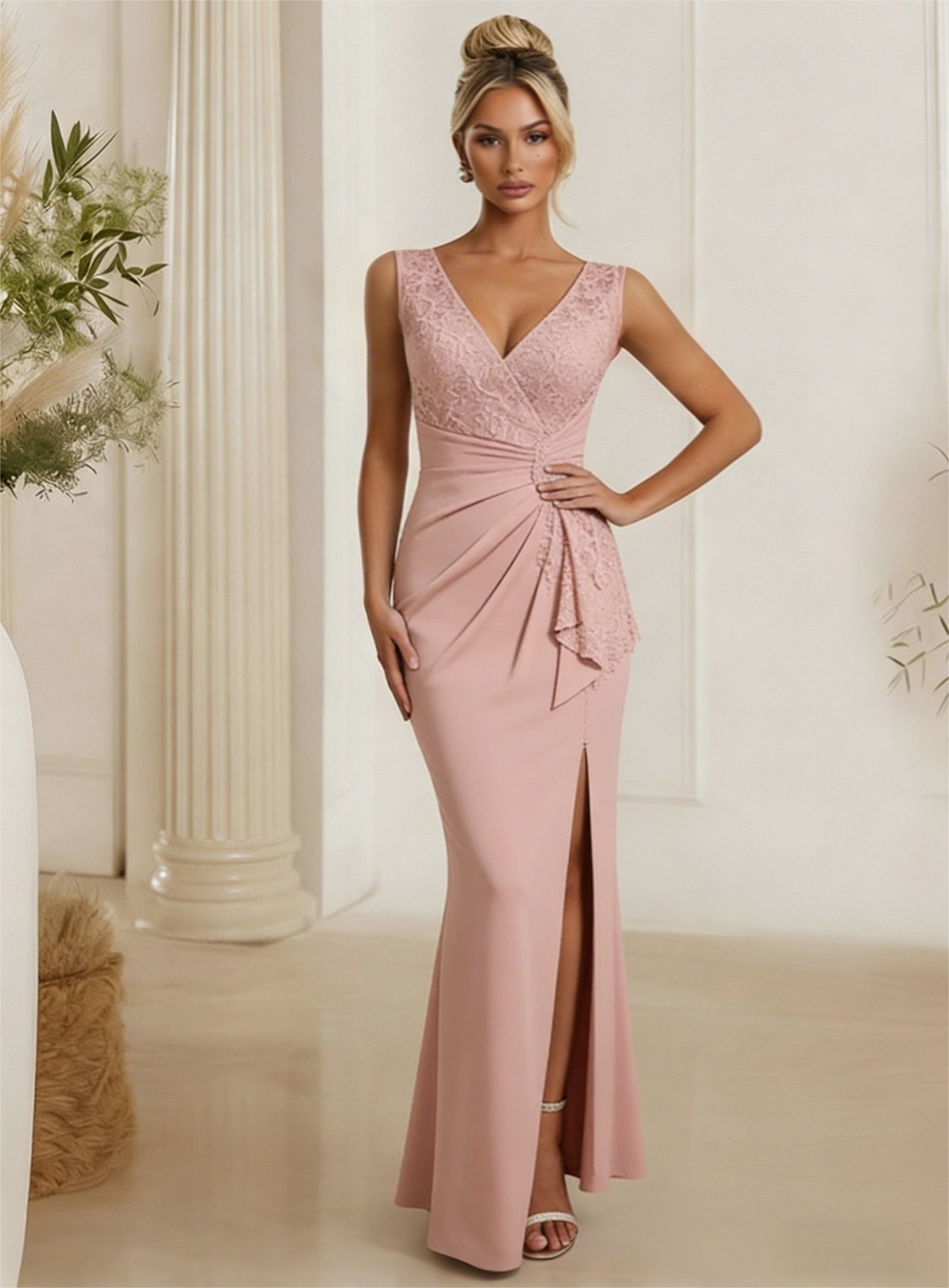 Satin V Neck Lace Appliques Mermaid Mother of the Bride Dresses