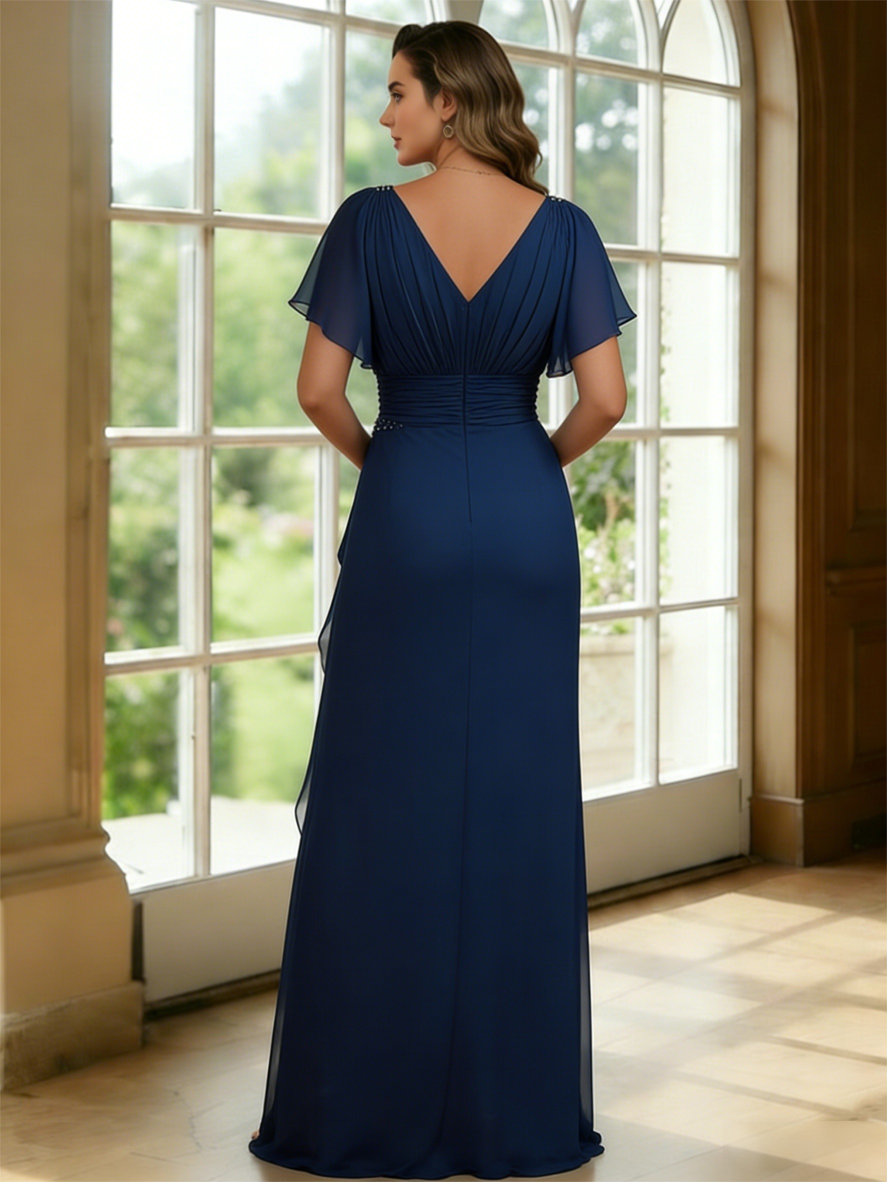 Chiffon V Neck Short Sleeves Ruffles Mother of the Bride Dresses